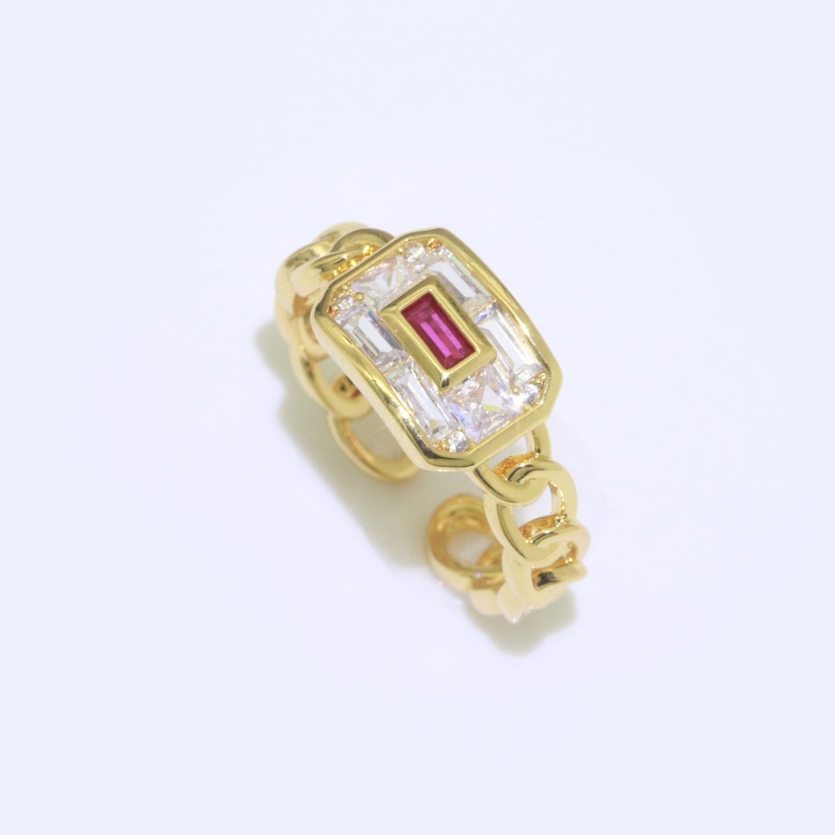 Chain Ring Chunky Curb Chain Ring Statement Gold Stackable Rings Cocktail Ring Blue, Pink, Green Cz Stone S-135 ~ S-137