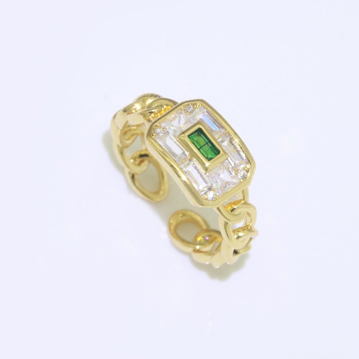 Chain Ring Chunky Curb Chain Ring Statement Gold Stackable Rings Cocktail Ring Blue, Pink, Green Cz Stone S-135 ~ S-137