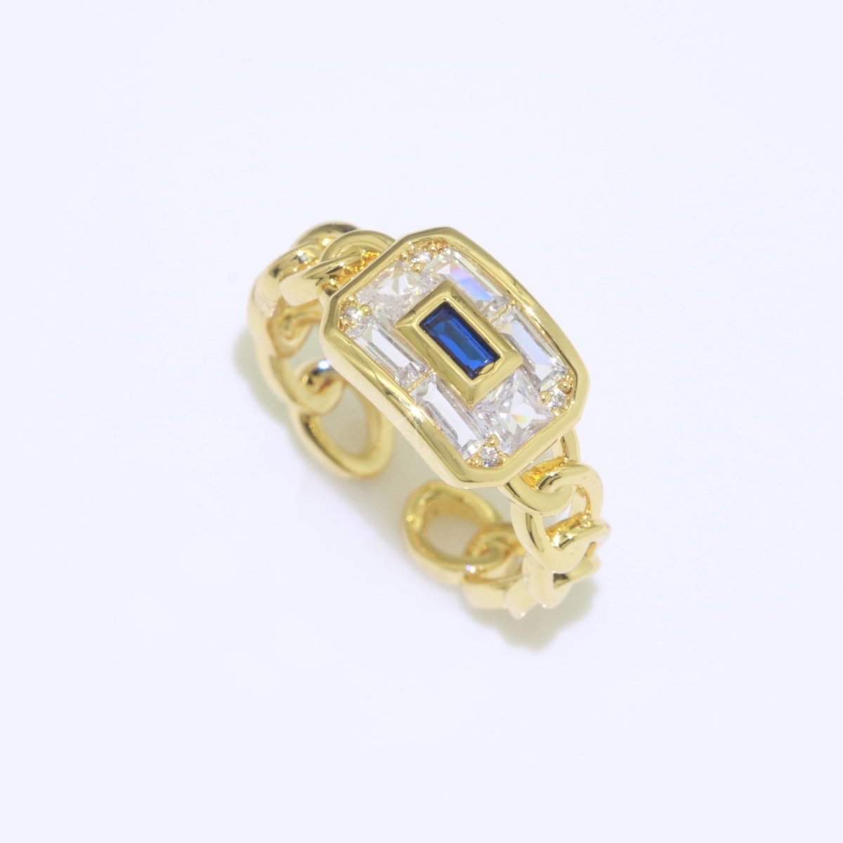Chain Ring Chunky Curb Chain Ring Statement Gold Stackable Rings Cocktail Ring Blue, Pink, Green Cz Stone S-135 ~ S-137
