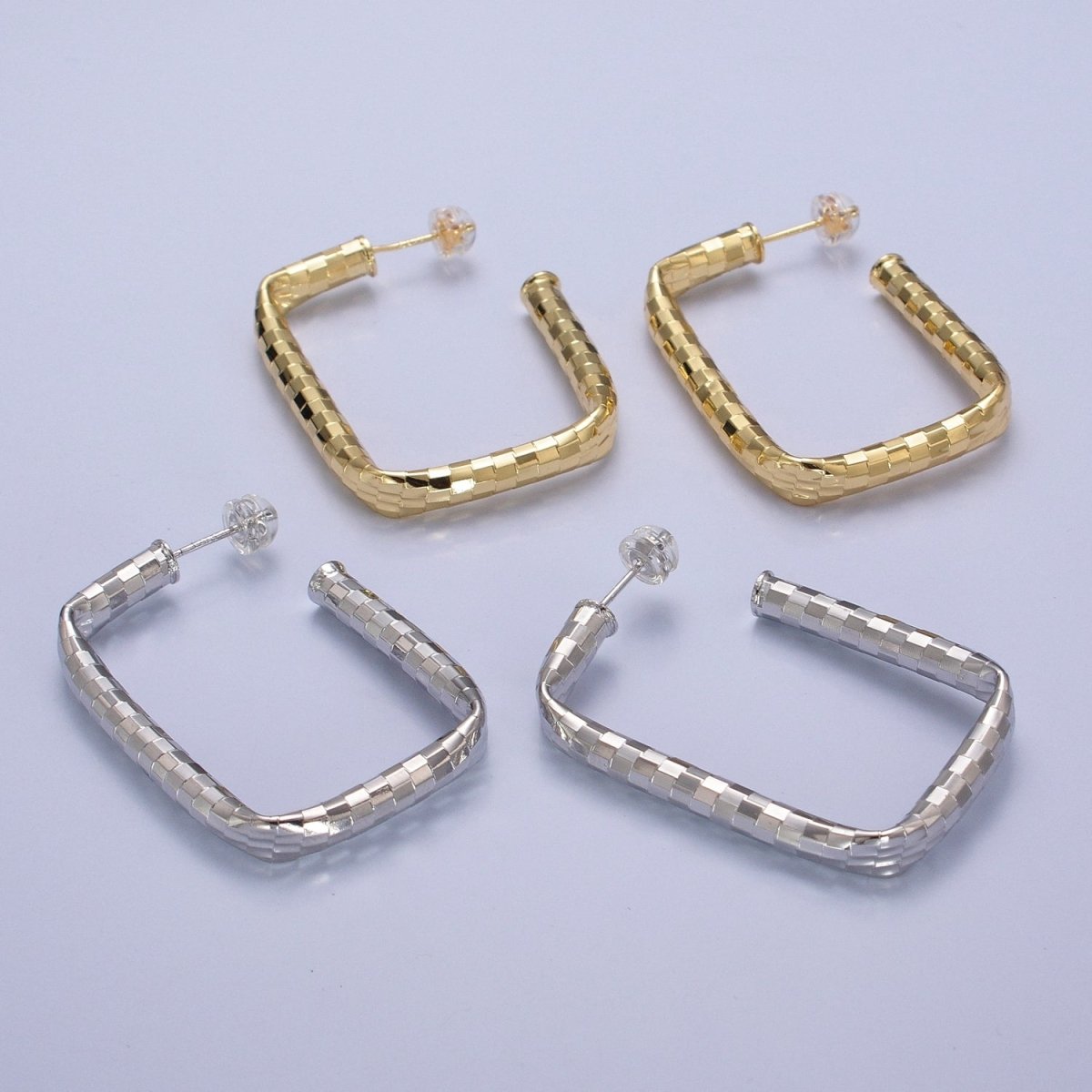 Checkered Hoop Earrings, Minimalist Gold Hoop Earrings, Stylish Silver Rectangle Hoop Earring T-409 T-410