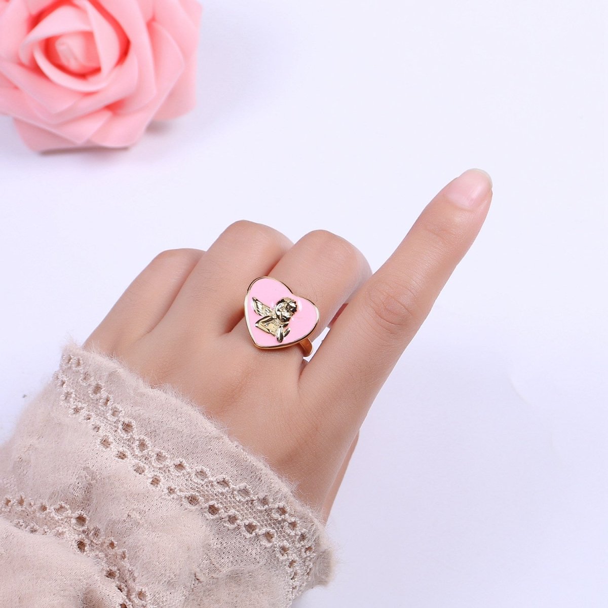 Chunky Cherub Angel Ring Statement Ring Gold Open Adjustable Ring Enamel Jewelry Valentine Gift S-225 ~ S-228