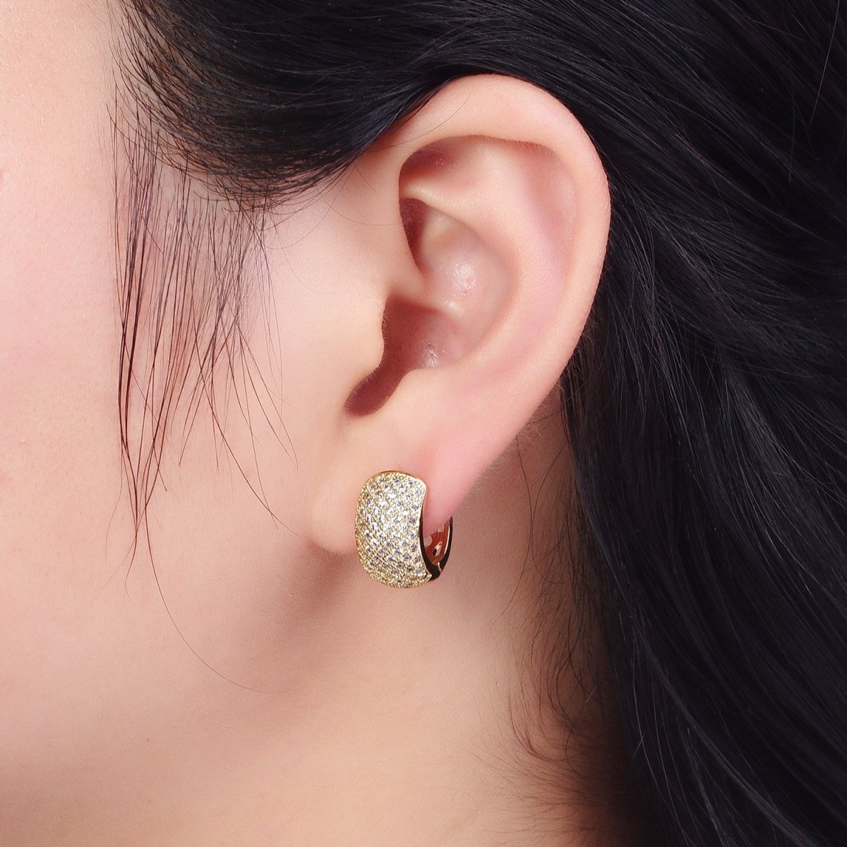 Chunky Dome Hoop Cz Pave Hoop Earrings Gold Hoops Jewelry for Party AE-1033 - DLUXCA