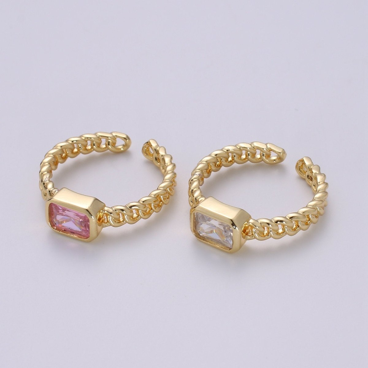 Chunky gemstone ring- cocktail gemstone ring - Chain Link ring - Bold Gold Open ring - Adjustable Gold band ring Clear Pink CZ Ring R-130 R-131