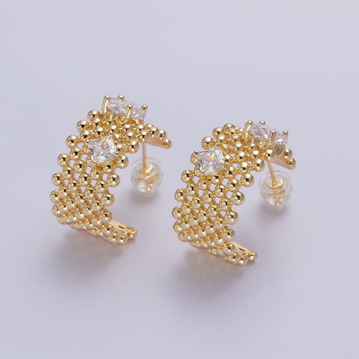 Chunky Gold Beaded Hoop with Clear Rhombus Cz Stone Earring AB598 AB976