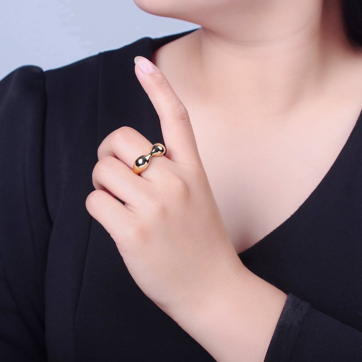 Chunky Gold Bean Ring Silver Beaded Ring Open Adjustable O-2209