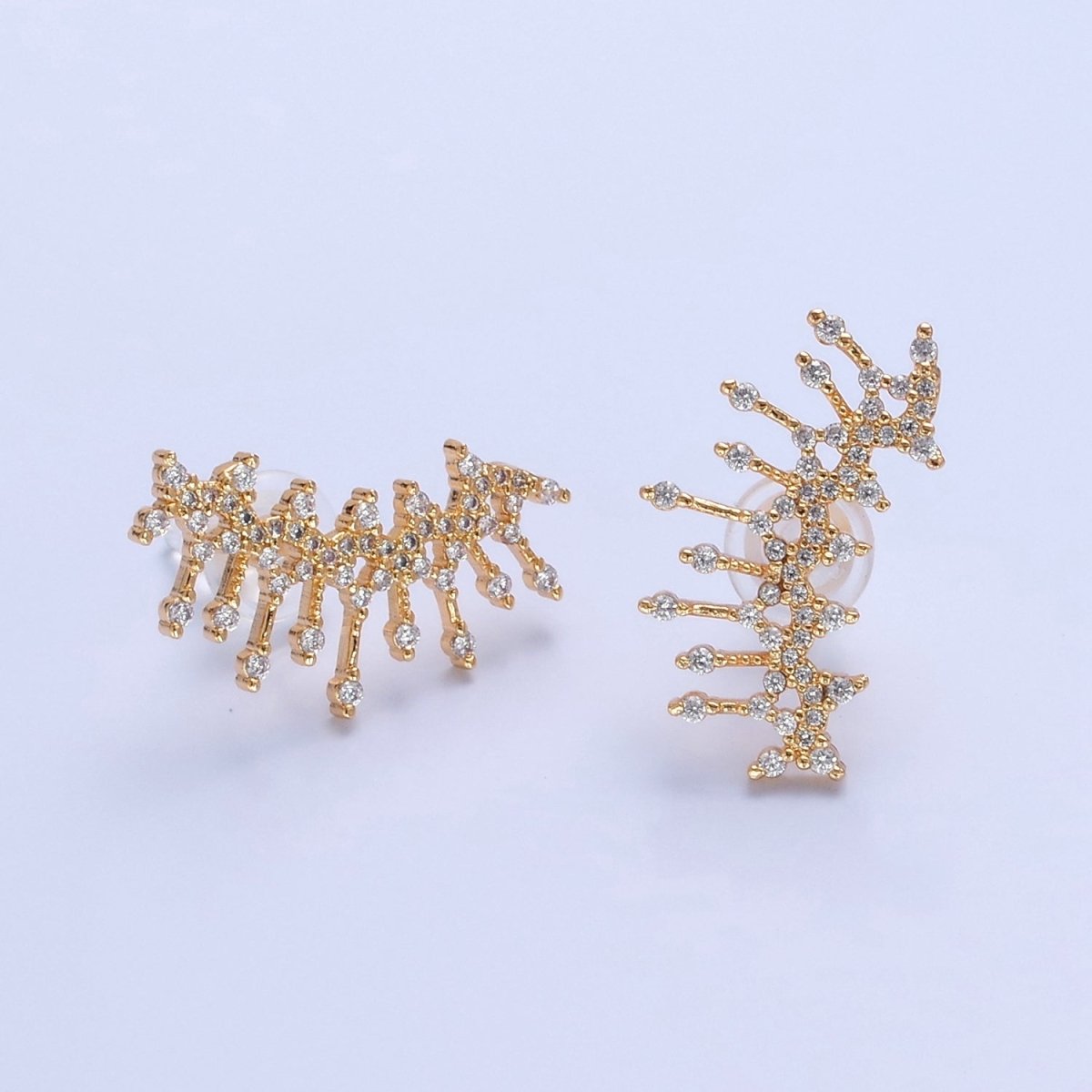 Chunky Gold Half Sunburst Stud Earrings CZ Sun Ray Stud T-467 - DLUXCA