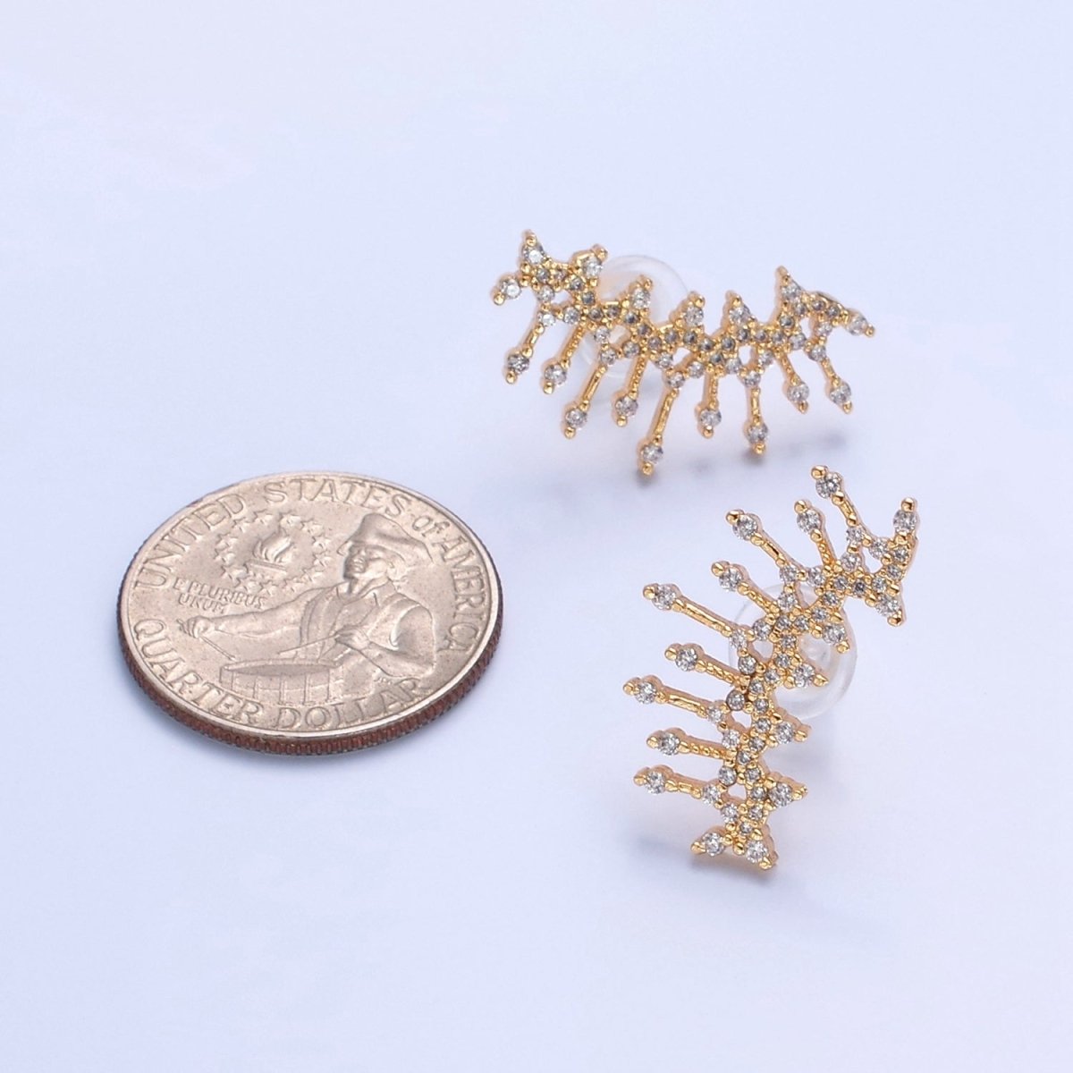 Chunky Gold Half Sunburst Stud Earrings CZ Sun Ray Stud T-467 - DLUXCA