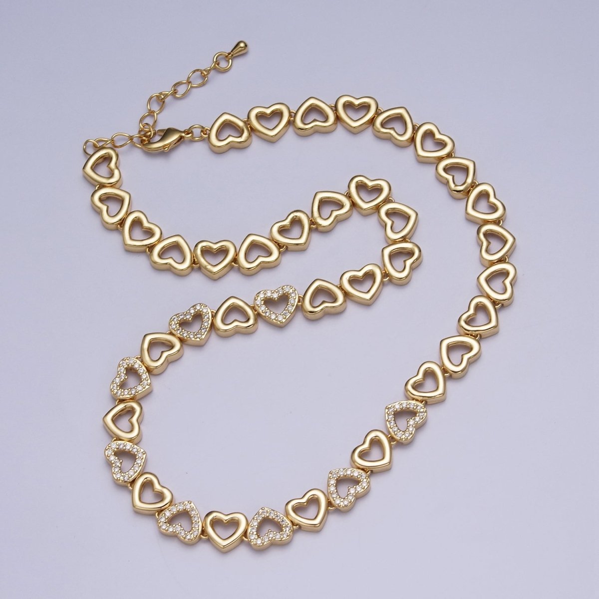 OS Chunky Gold Open Heart Links Necklace with Cz Pave Diamond Heart Center Necklace for Layering Necklace WA-1088