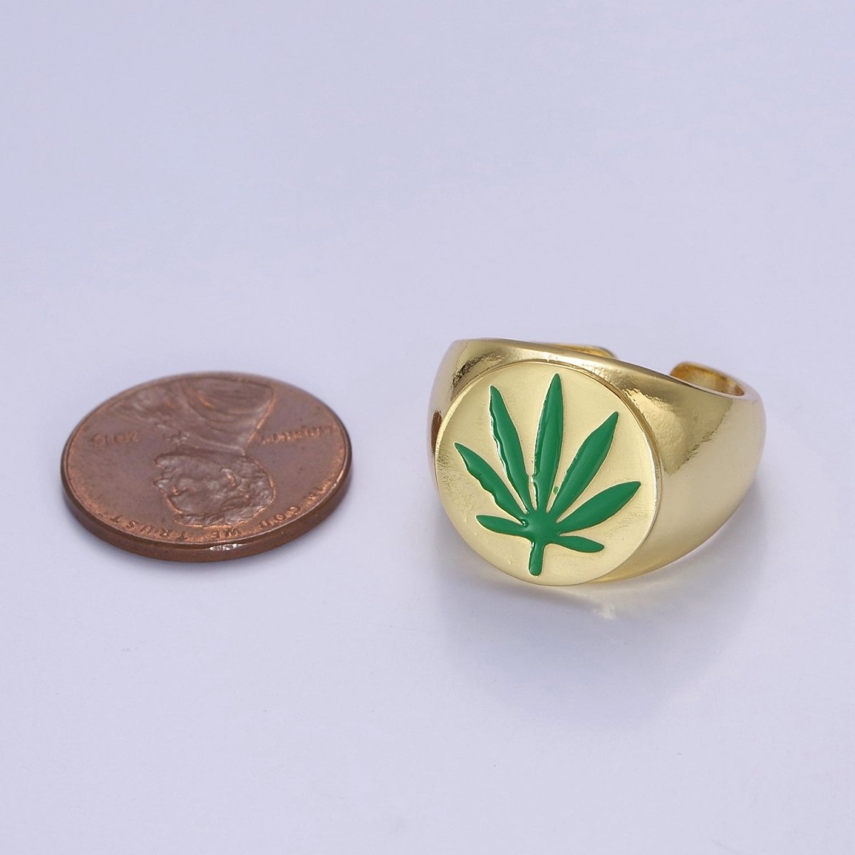 OS Chunky Gold Signet Ring Green Mary Jane Ring Weed 420 Jewelry O-2169