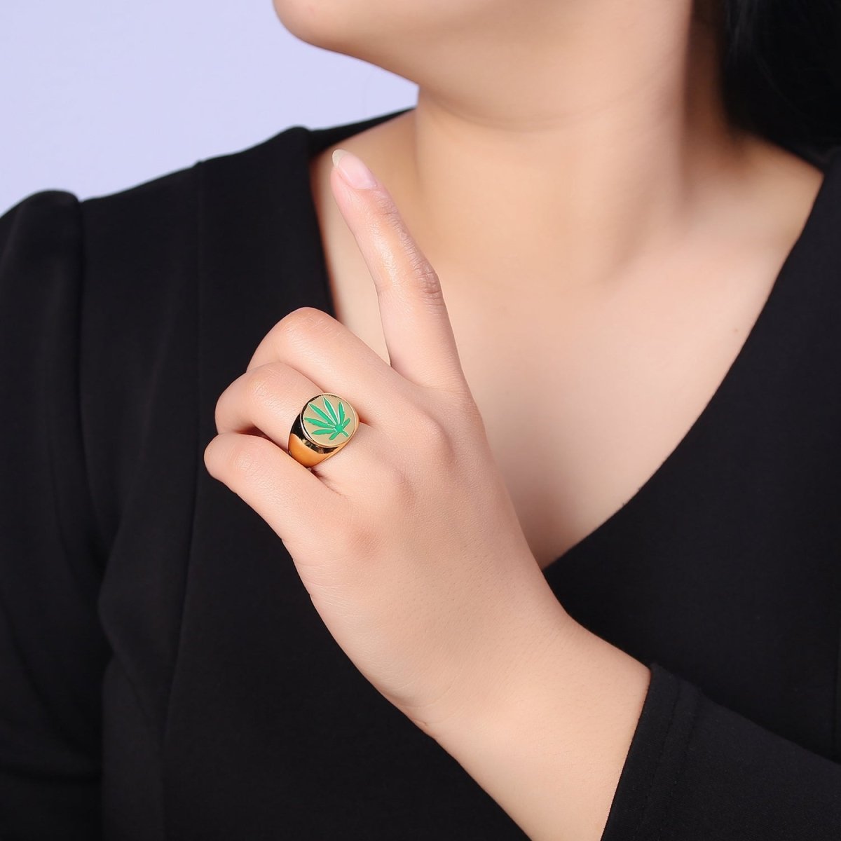 OS Chunky Gold Signet Ring Green Mary Jane Ring Weed 420 Jewelry O-2169