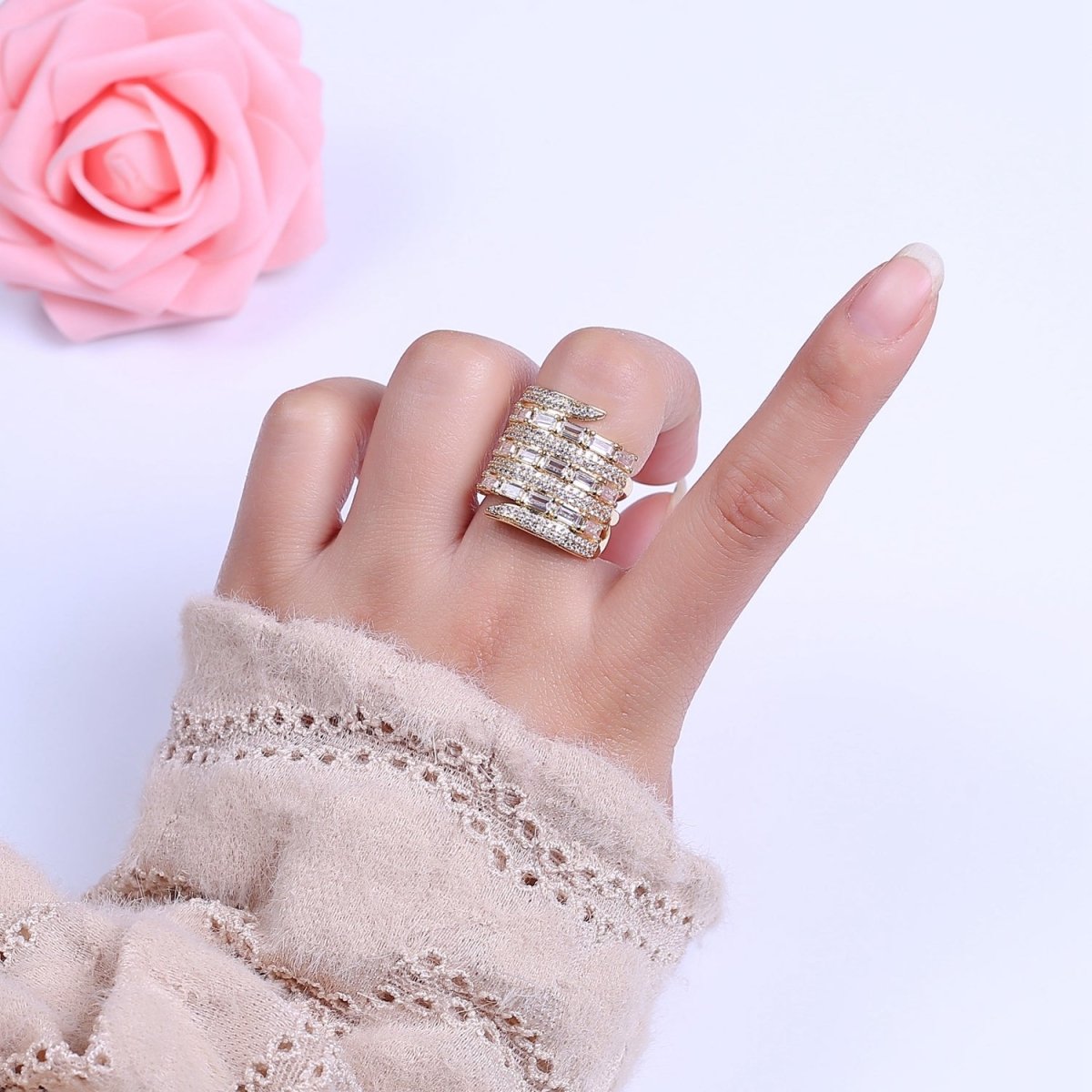 Chunky Gold Stackable Baguette Eternity CZ Rings for Statement Jewelry US 7.5 S-481