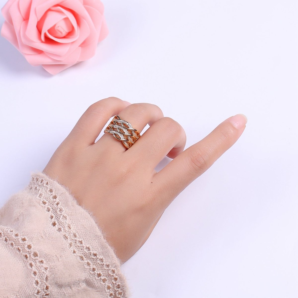 Chunky Gold Swirl Lines Ring CZ Statement Jewelry Crossover Ring U-109~U-112