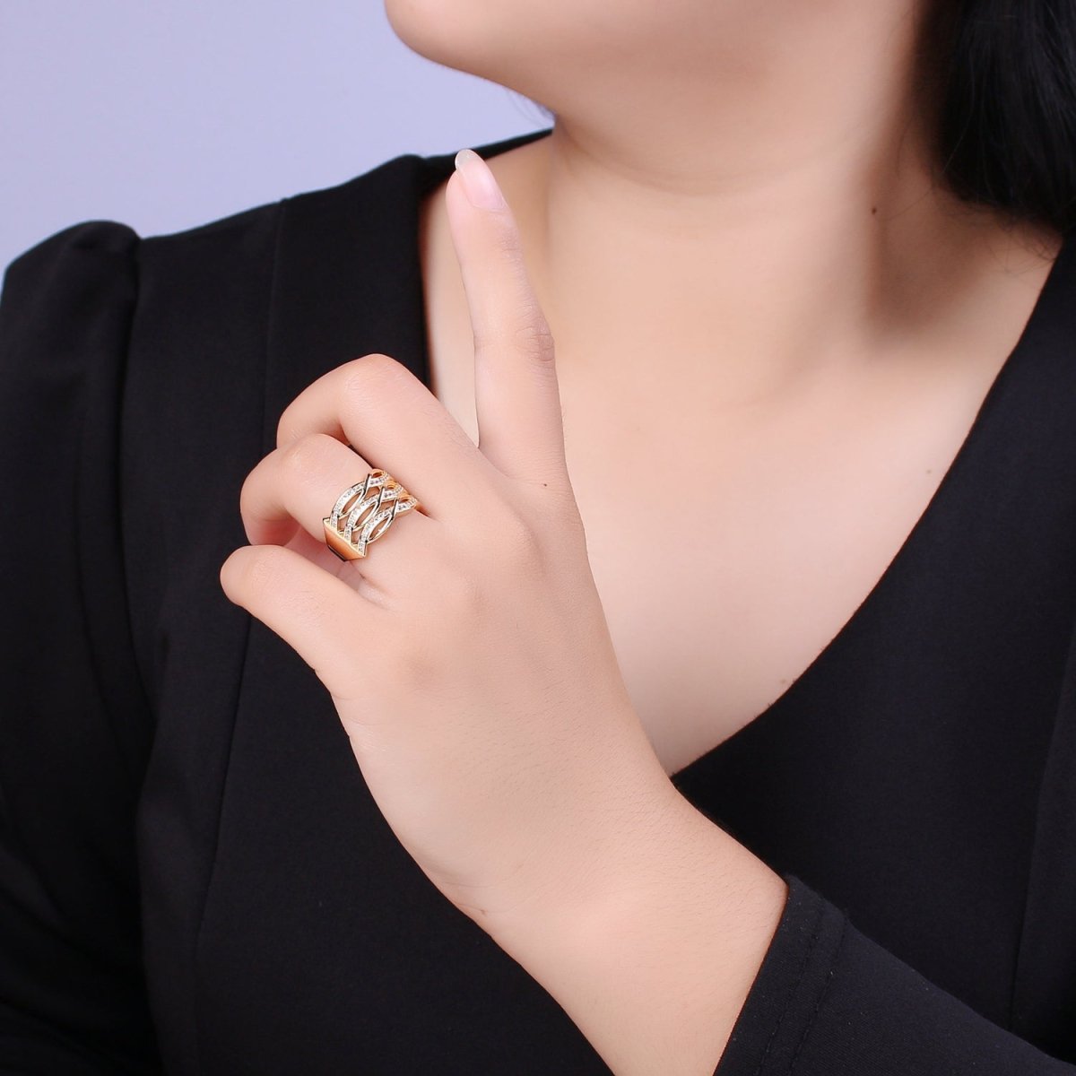 Chunky Gold Swirl Lines Ring CZ Statement Jewelry Crossover Ring U-109~U-112