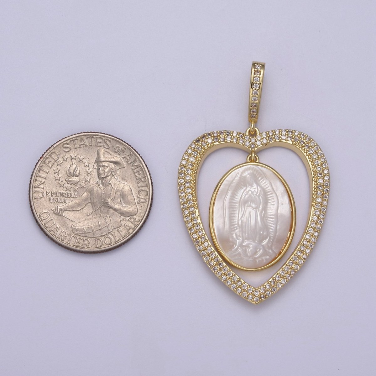 Chunky Heart Iced Out Pendant with Pearl Lady Guadalupe Charm for Statement Religious Jewelry Making H-507 - DLUXCA