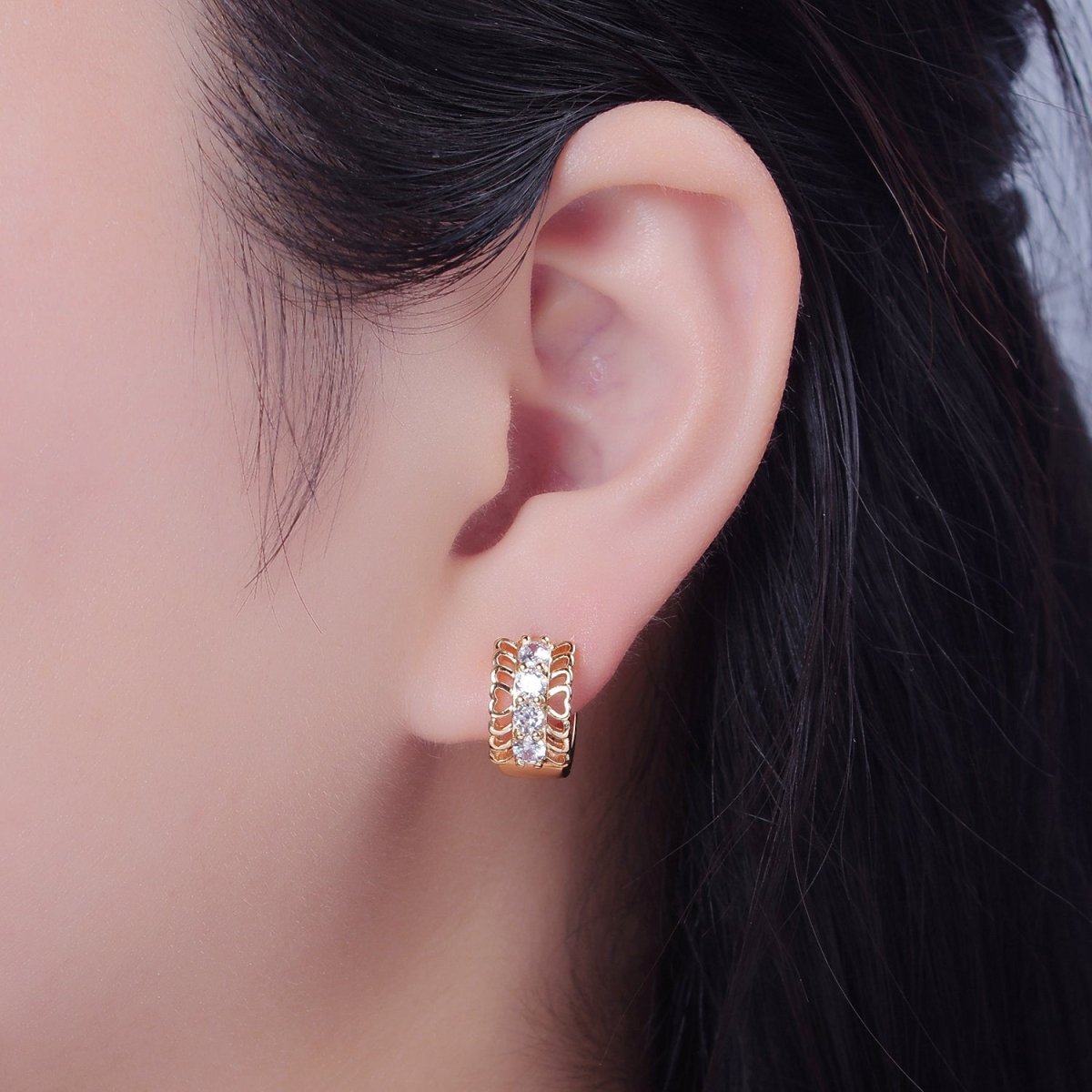 Chunky Huggie Earring 24K Gold Filled Cz Small Hoop T-393 - DLUXCA