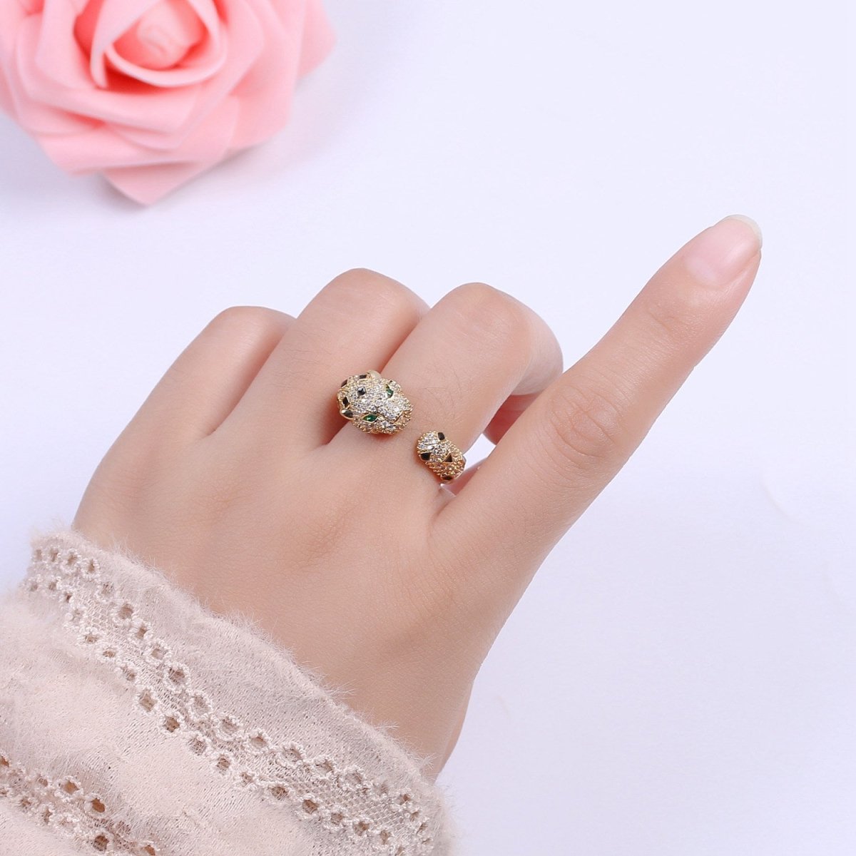 Chunky Panther Ring CZ Gold Band Adjustable Ring S-218
