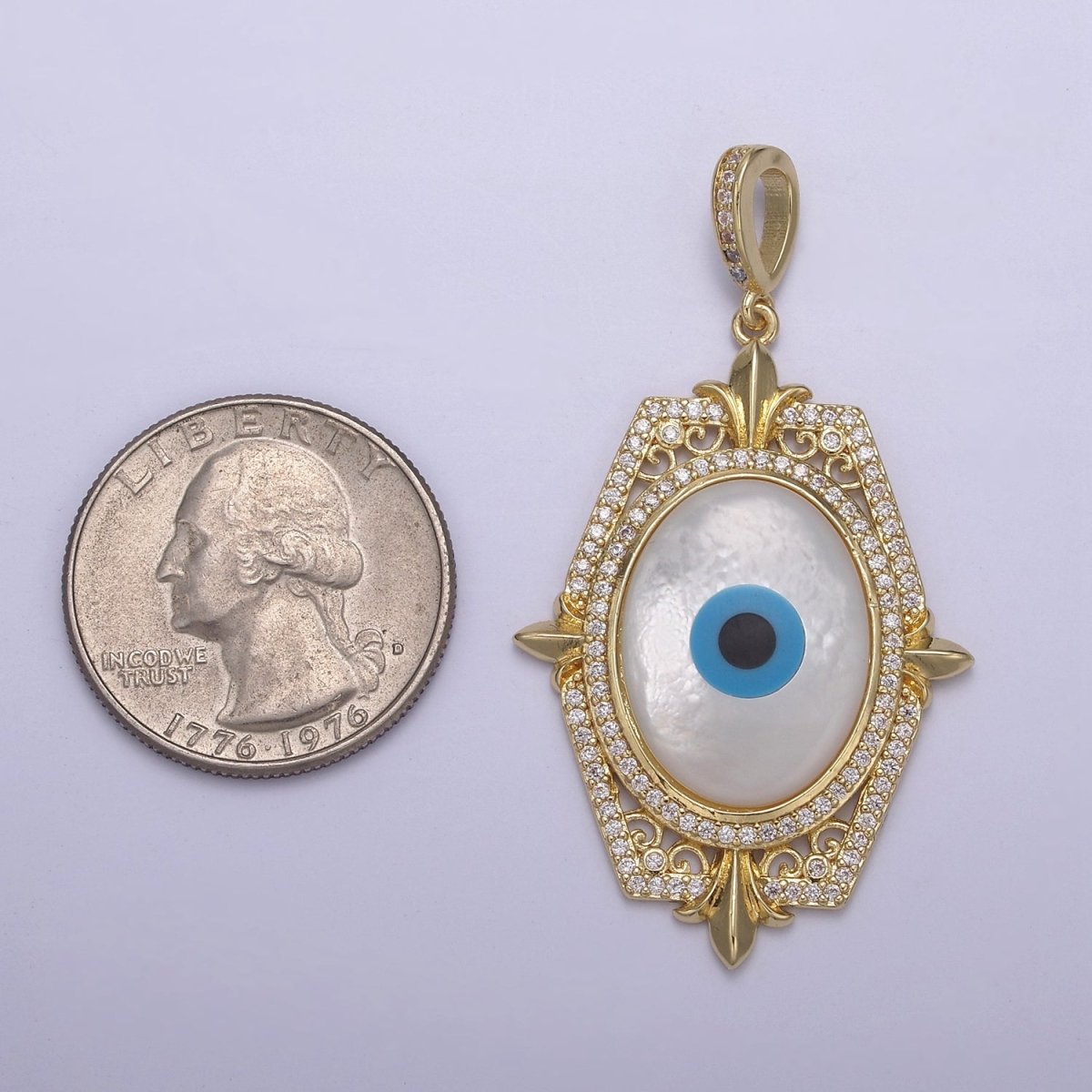 Chunky Pearl Evil Eye Pendant with Micro Pave Bezel for Statement Jewelry N-564 - DLUXCA