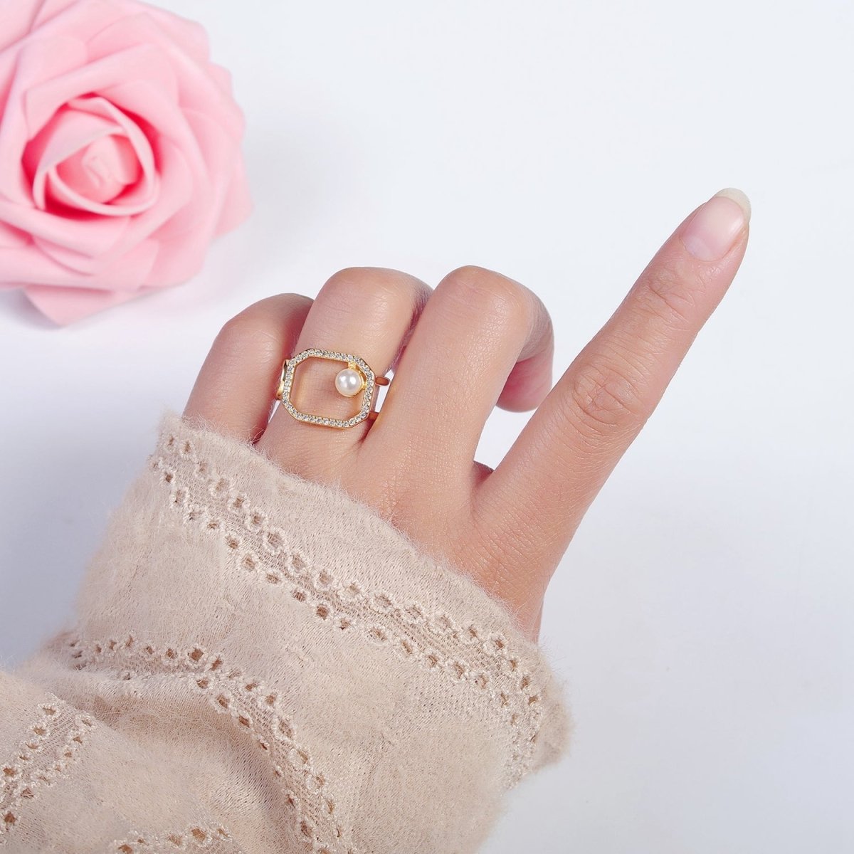 Chunky Square CZ Ring with Pearl Double Band Ring Open Adjustable O-2138 - DLUXCA