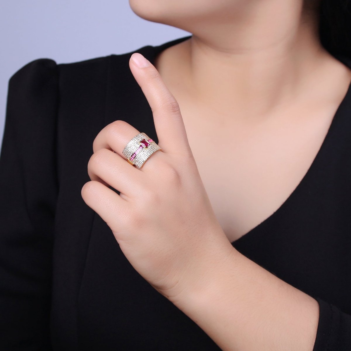 Chunky Statement Cubic Zirconia CZ Stone on 24K Gold Filled Micro Pave Adjustable Open Ring | U-448, U450, U451