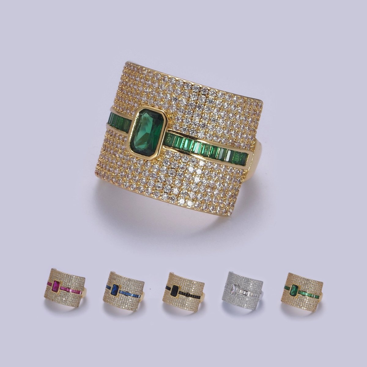 Chunky Statement Cubic Zirconia CZ Stone on 24K Gold Filled Micro Pave Adjustable Open Ring | U-448, U450, U451