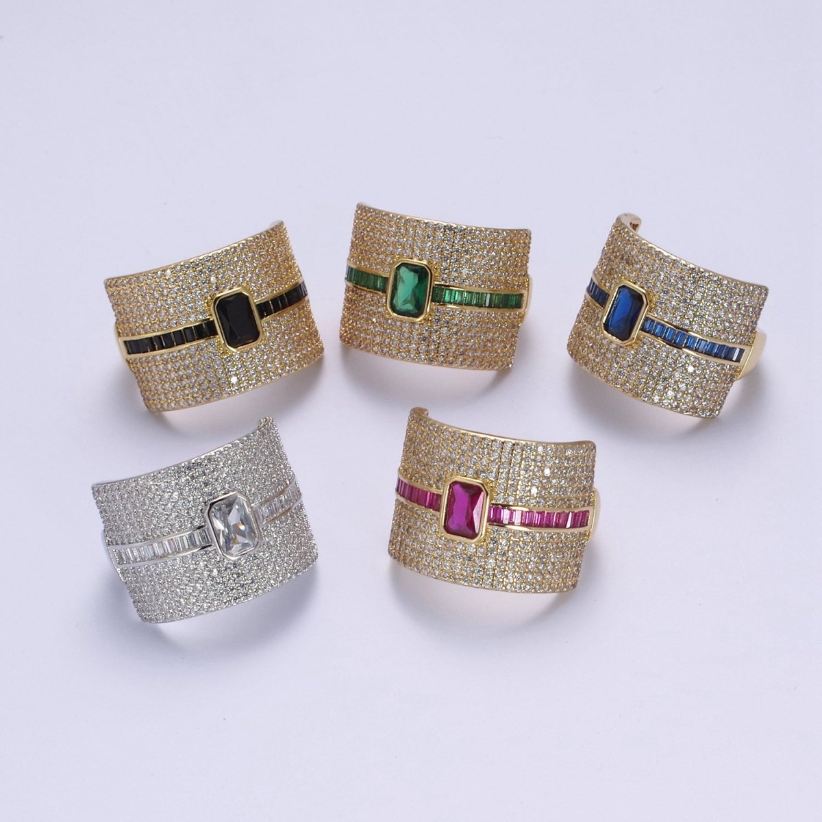 Chunky Statement Cubic Zirconia CZ Stone on 24K Gold Filled Micro Pave Adjustable Open Ring | U-448, U450, U451