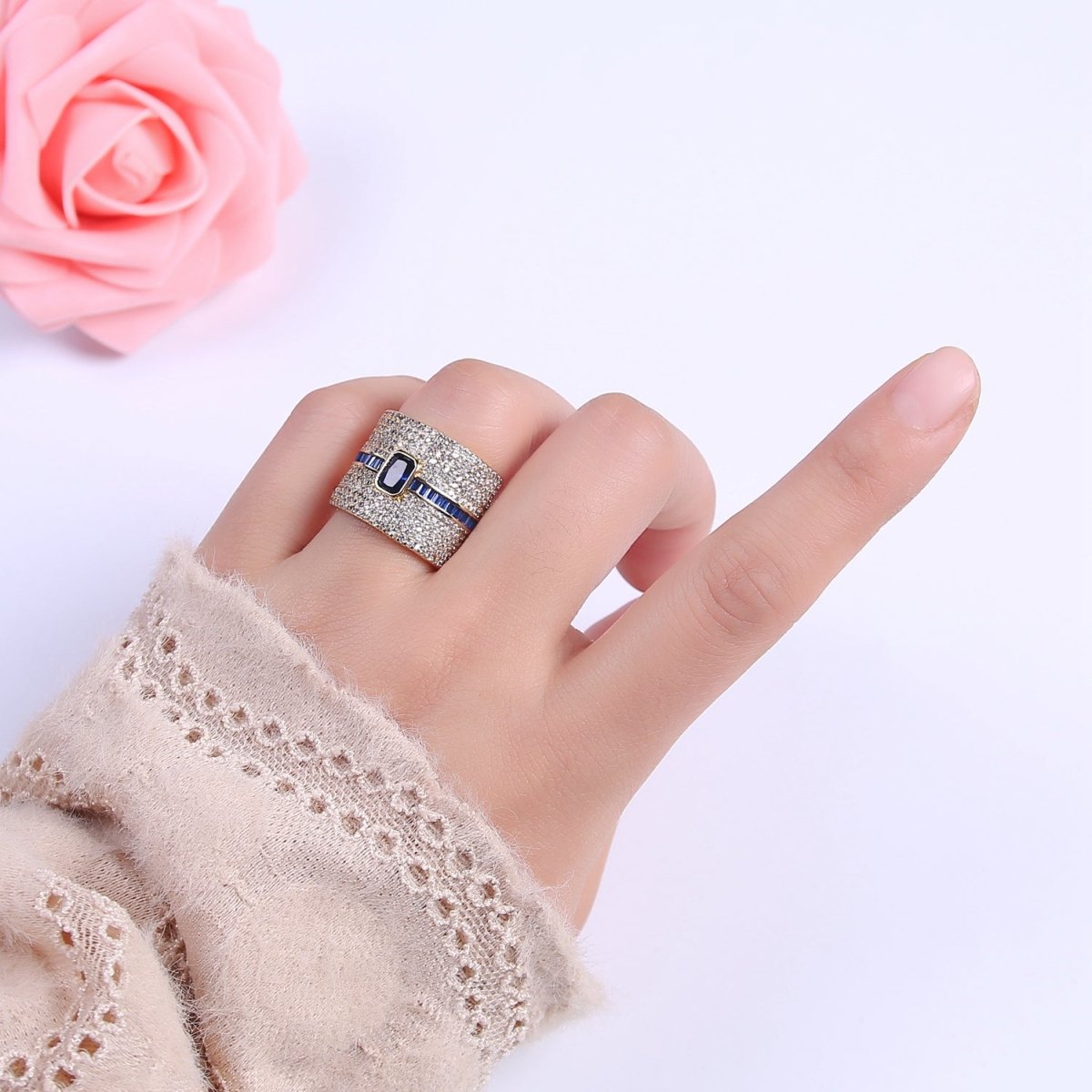 Chunky Statement Cubic Zirconia CZ Stone on 24K Gold Filled Micro Pave Adjustable Open Ring | U-448, U450, U451