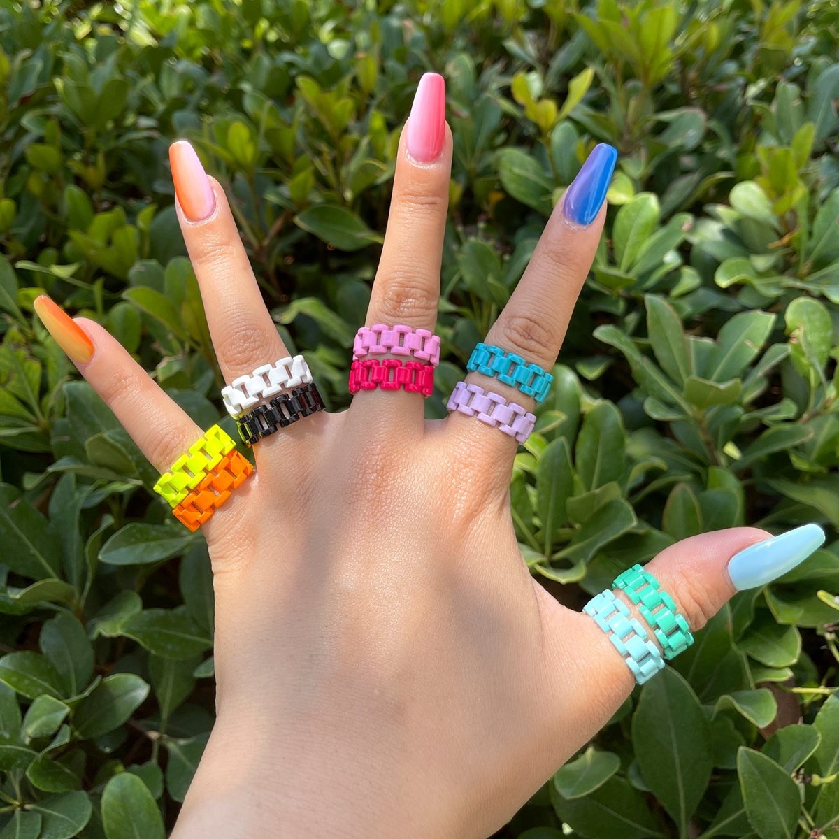 Chunky Y2K style retro ring Open Adjustable Colorful Watch Chain Link ring Summer Trend Rings Neon Enamel Chain for Fun Stackable Jewelryg Yellow Green Blue Purple Pink Teal Neon Ring Jewelry Size 6.5