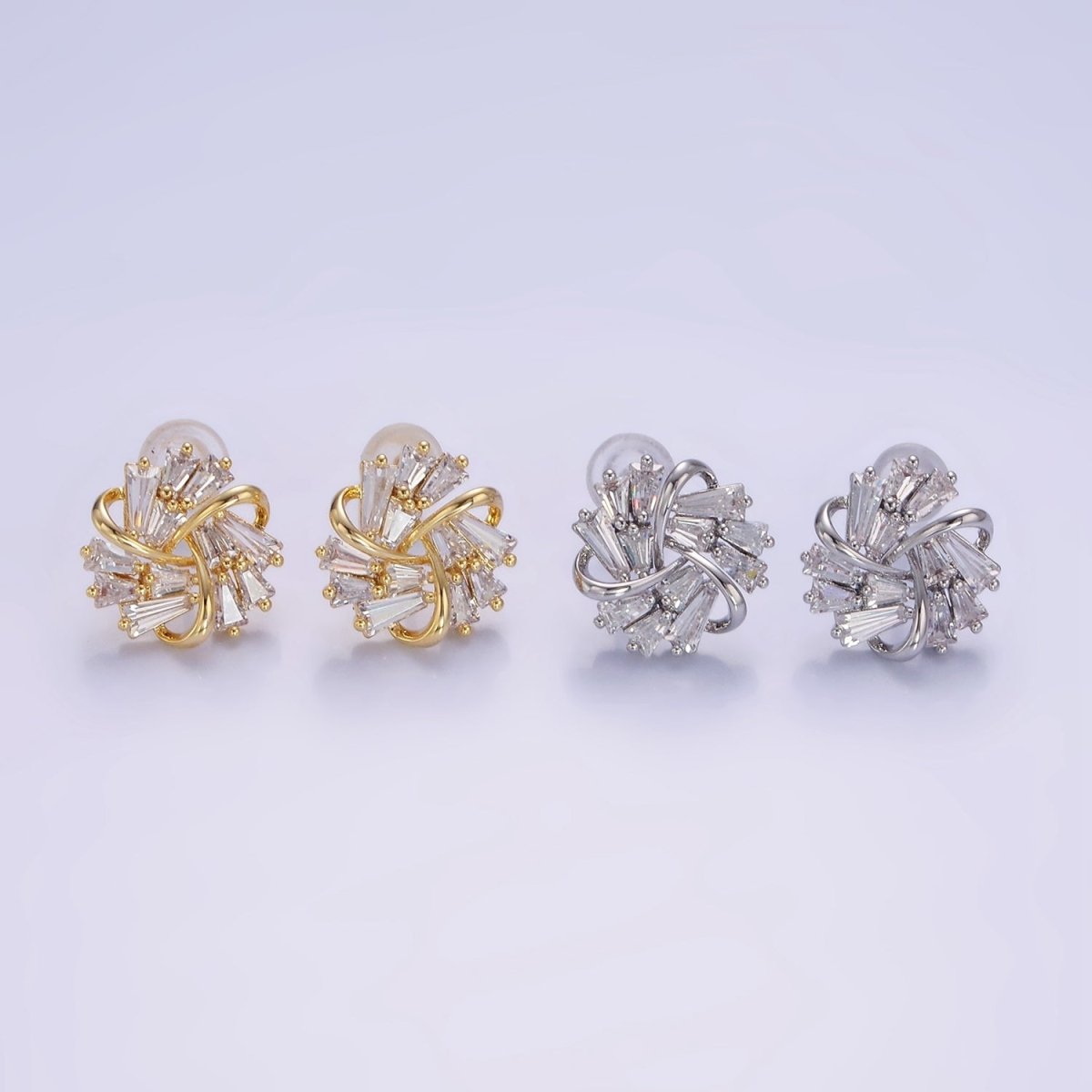 OS Clear Baguette Band Curled Flower Stud Earrings in Gold & Silver | V532 V533