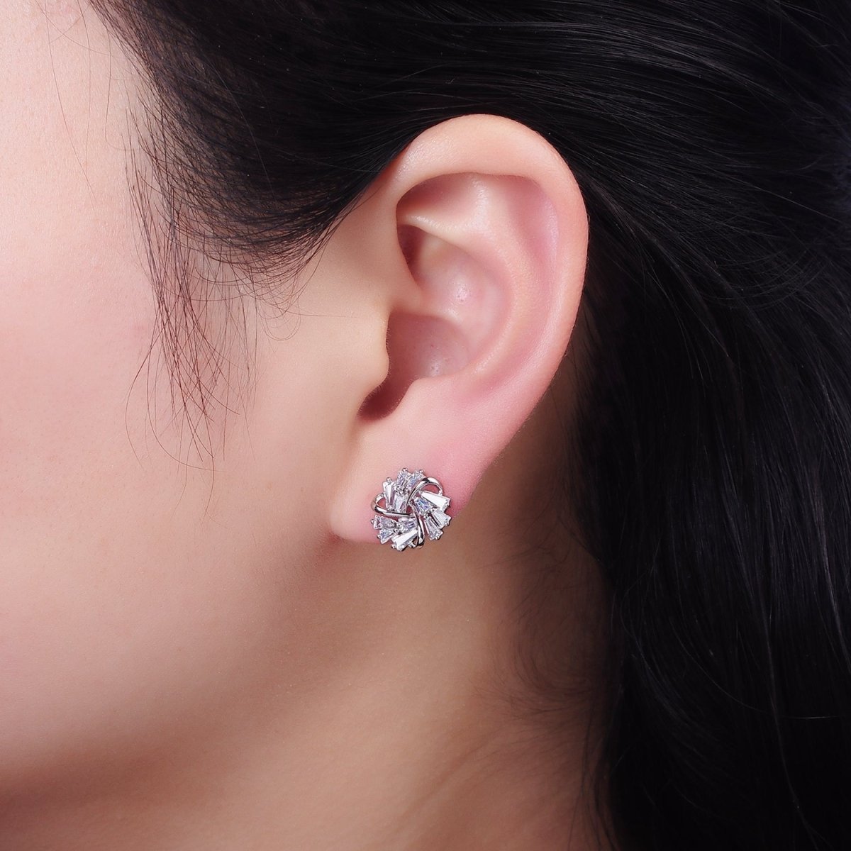 OS Clear Baguette Band Curled Flower Stud Earrings in Gold & Silver | V532 V533