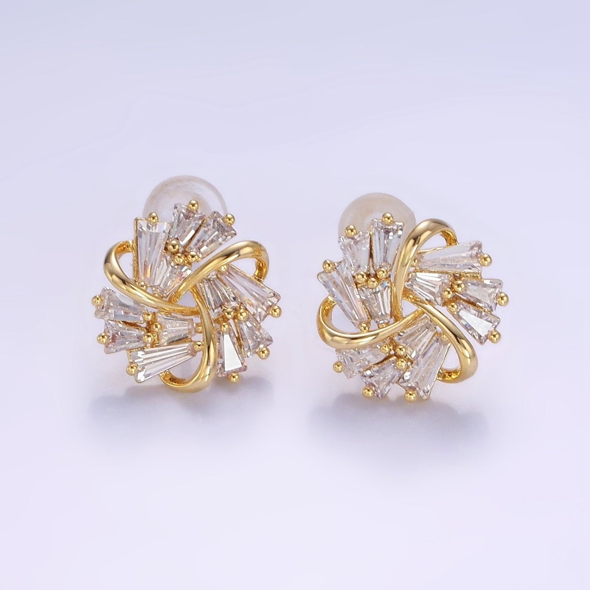 OS Clear Baguette Band Curled Flower Stud Earrings in Gold & Silver | V532 V533