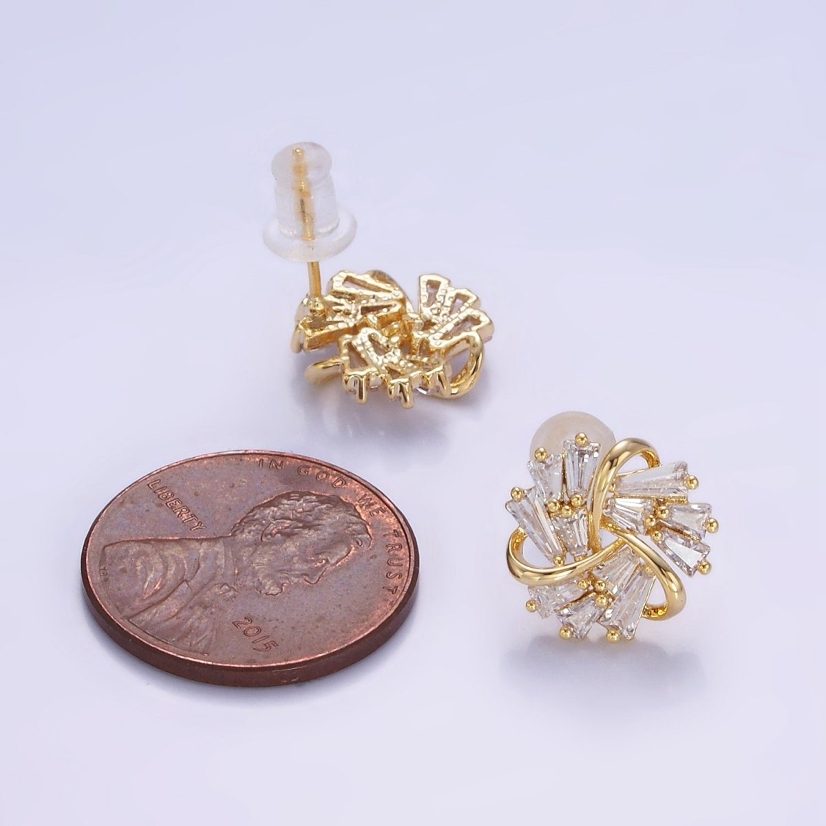 OS Clear Baguette Band Curled Flower Stud Earrings in Gold & Silver | V532 V533