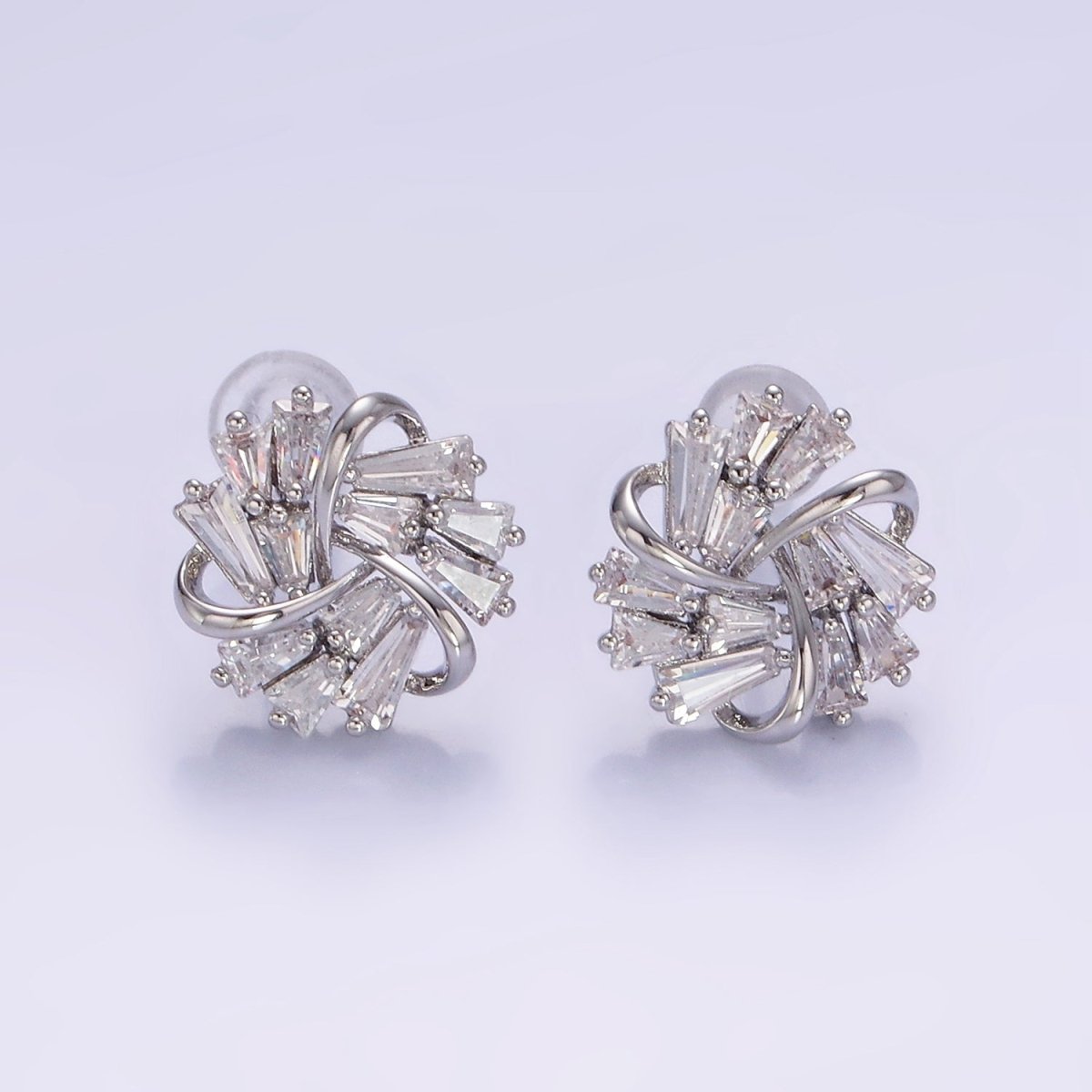 OS Clear Baguette Band Curled Flower Stud Earrings in Gold & Silver | V532 V533