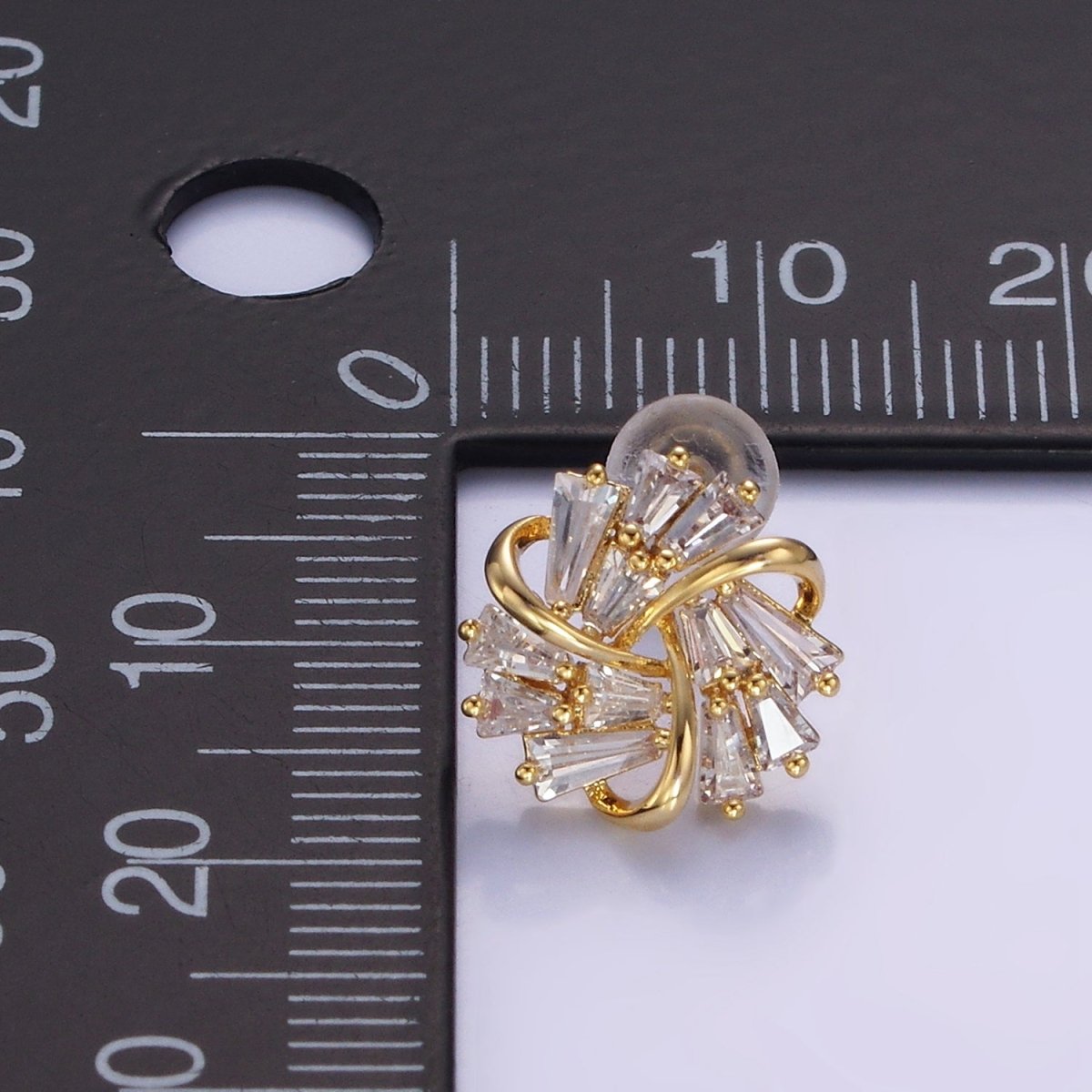 OS Clear Baguette Band Curled Flower Stud Earrings in Gold & Silver | V532 V533