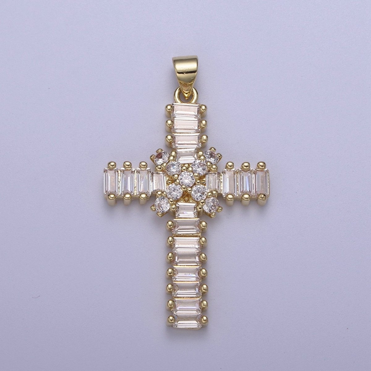 Clear Baguette Cubic Zirconia Cross Pendant, 14K Gold Filled Christian Catholic Supply For DIY Jewelry Making H-777 - DLUXCA