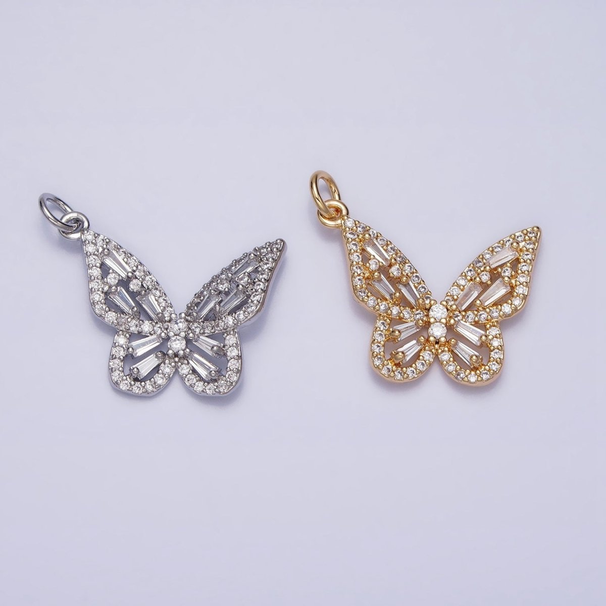 Clear Baguette Micro Paved CZ Butterfly Mariposa Add-On Charm in Silver & Gold | AC709 AC710