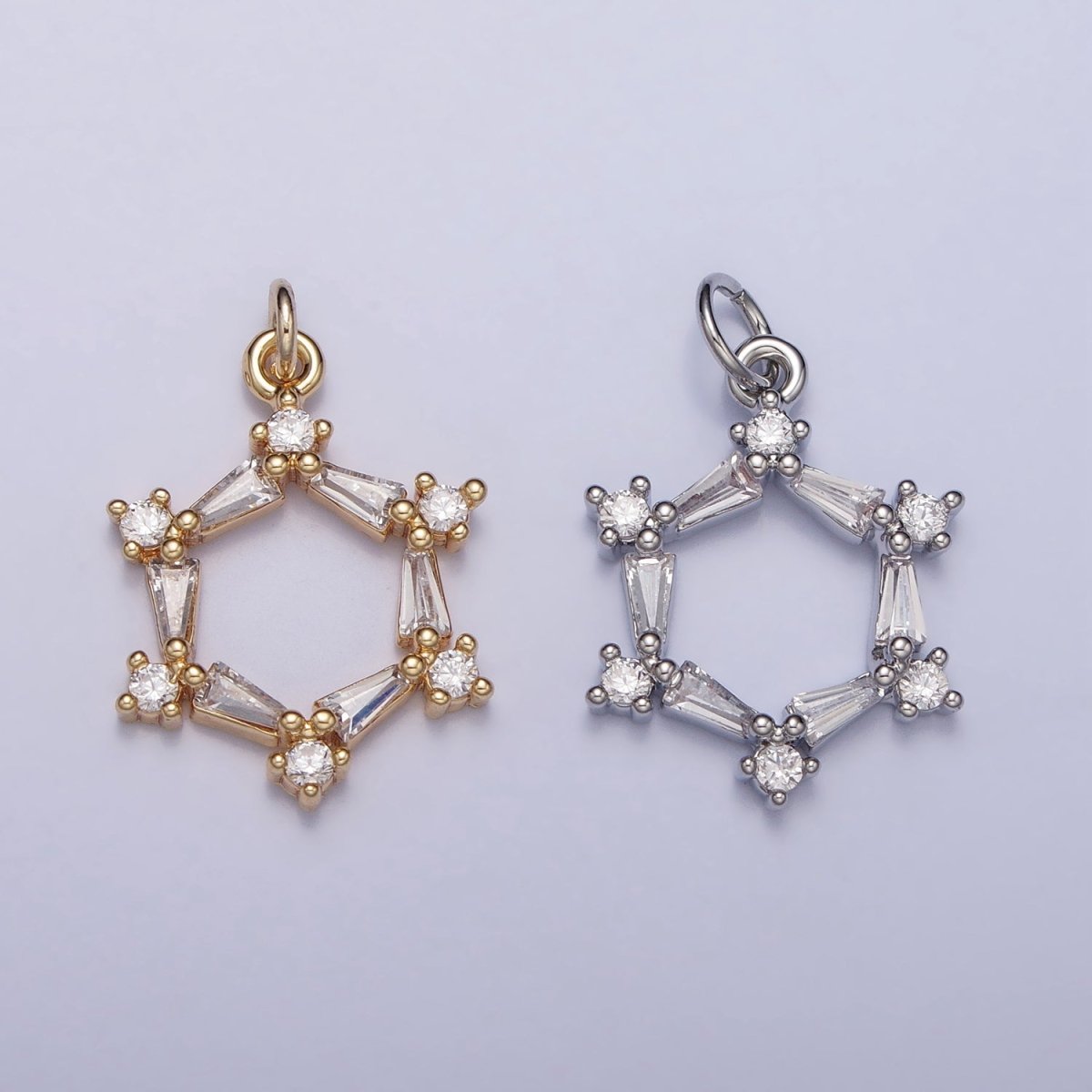Clear Baguette Round CZ Hexagonal Open Geometric Charm in Gold & Silver | AC353 AC448
