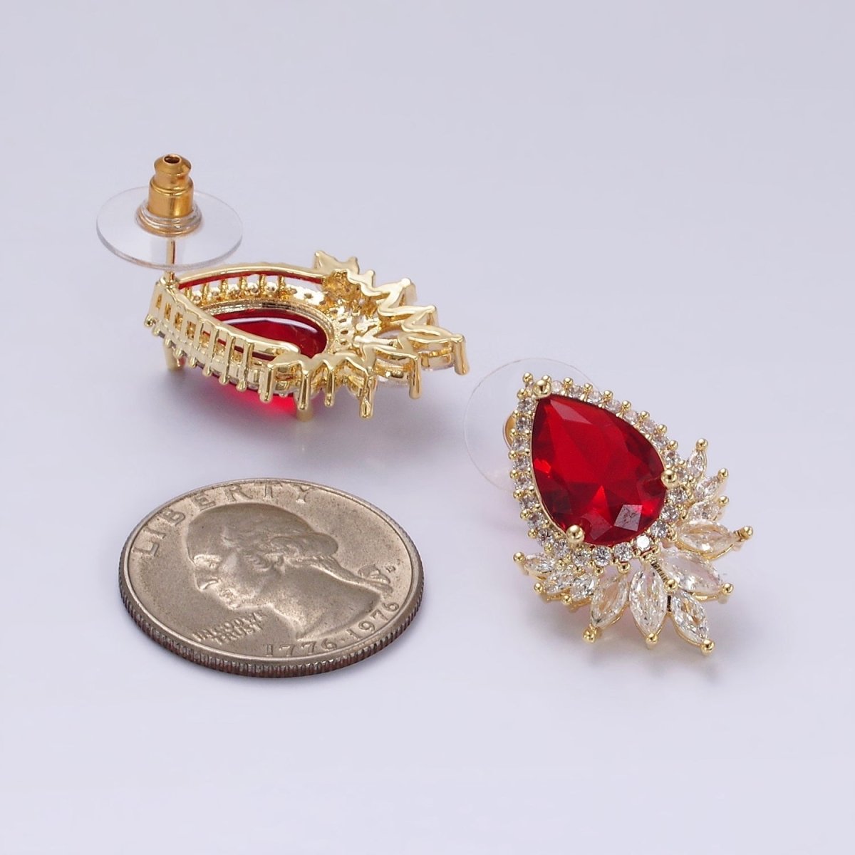 Clear, Black, Red, Green, Blue, Pink, Yellow, Baby Blue CZ Marquise Micro Paved Stud Earrings in Gold & Silver