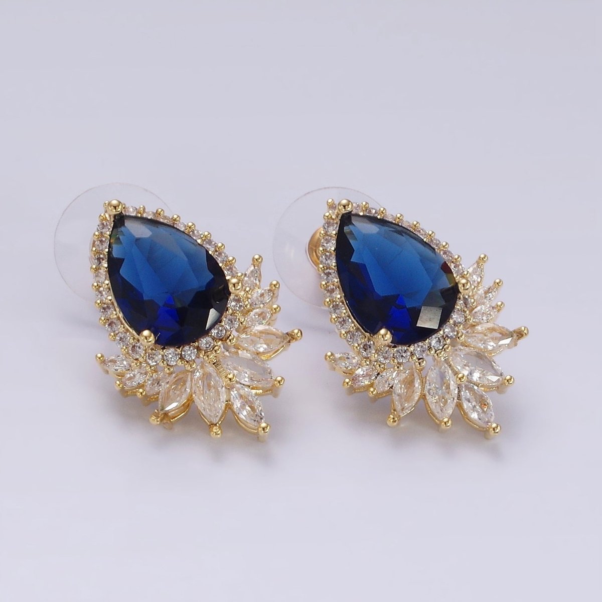 Clear, Black, Red, Green, Blue, Pink, Yellow, Baby Blue CZ Marquise Micro Paved Stud Earrings in Gold & Silver