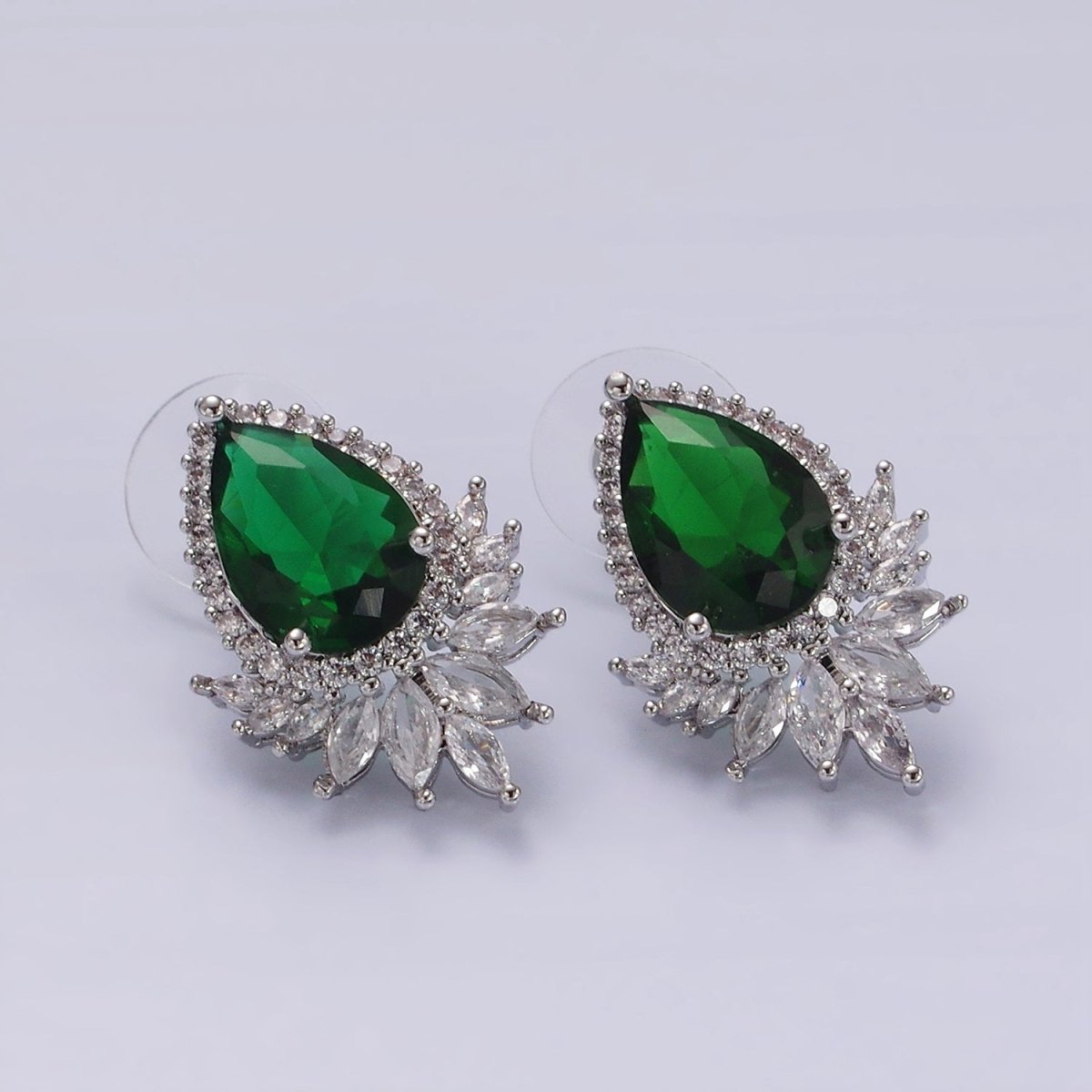 Clear, Black, Red, Green, Blue, Pink, Yellow, Baby Blue CZ Marquise Micro Paved Stud Earrings in Gold & Silver