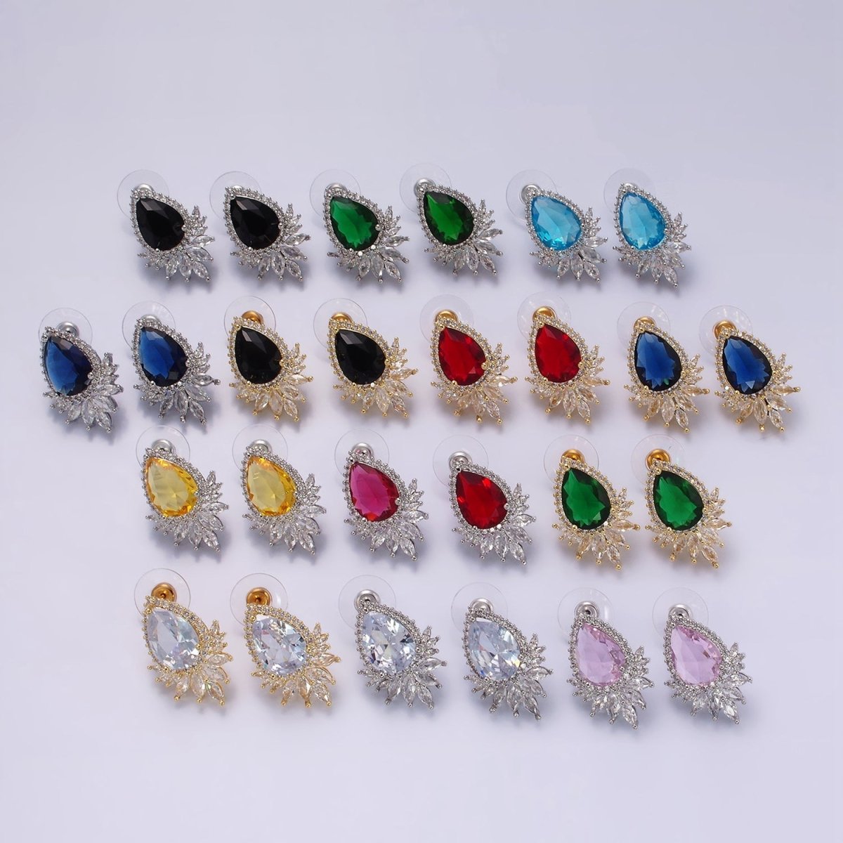 Clear, Black, Red, Green, Blue, Pink, Yellow, Baby Blue CZ Marquise Micro Paved Stud Earrings in Gold & Silver