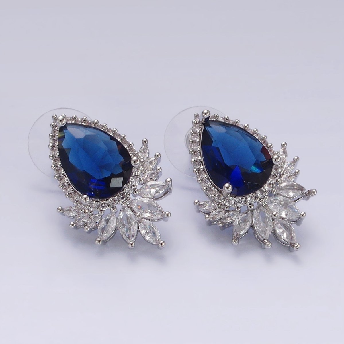 Clear, Black, Red, Green, Blue, Pink, Yellow, Baby Blue CZ Marquise Micro Paved Stud Earrings in Gold & Silver