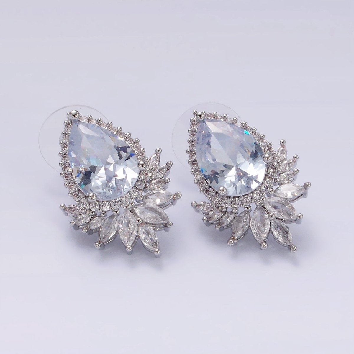 Clear, Black, Red, Green, Blue, Pink, Yellow, Baby Blue CZ Marquise Micro Paved Stud Earrings in Gold & Silver