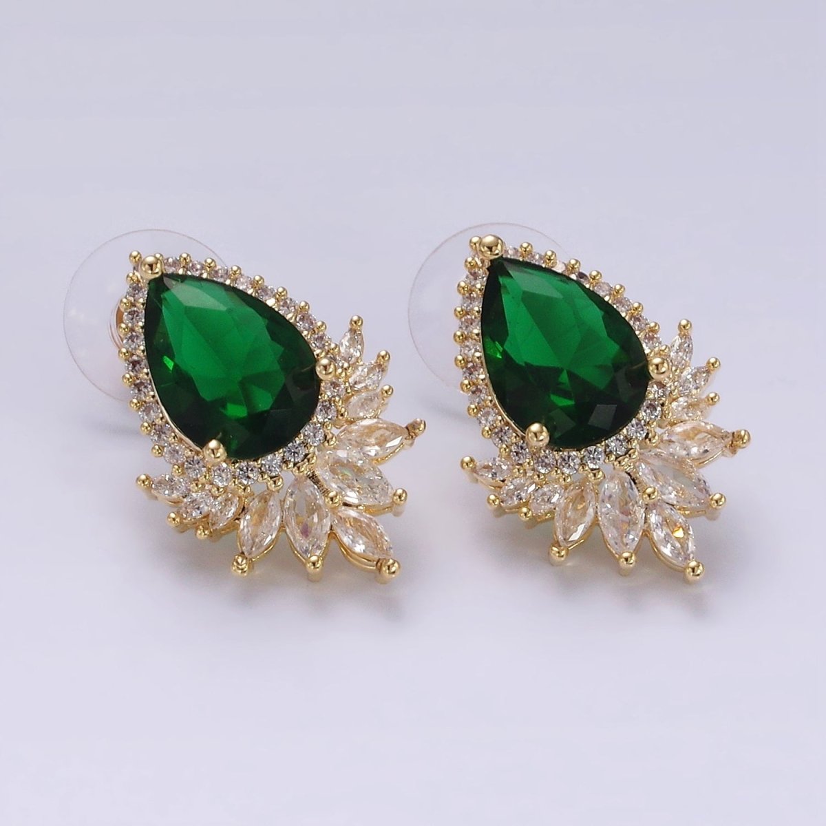 Clear, Black, Red, Green, Blue, Pink, Yellow, Baby Blue CZ Marquise Micro Paved Stud Earrings in Gold & Silver