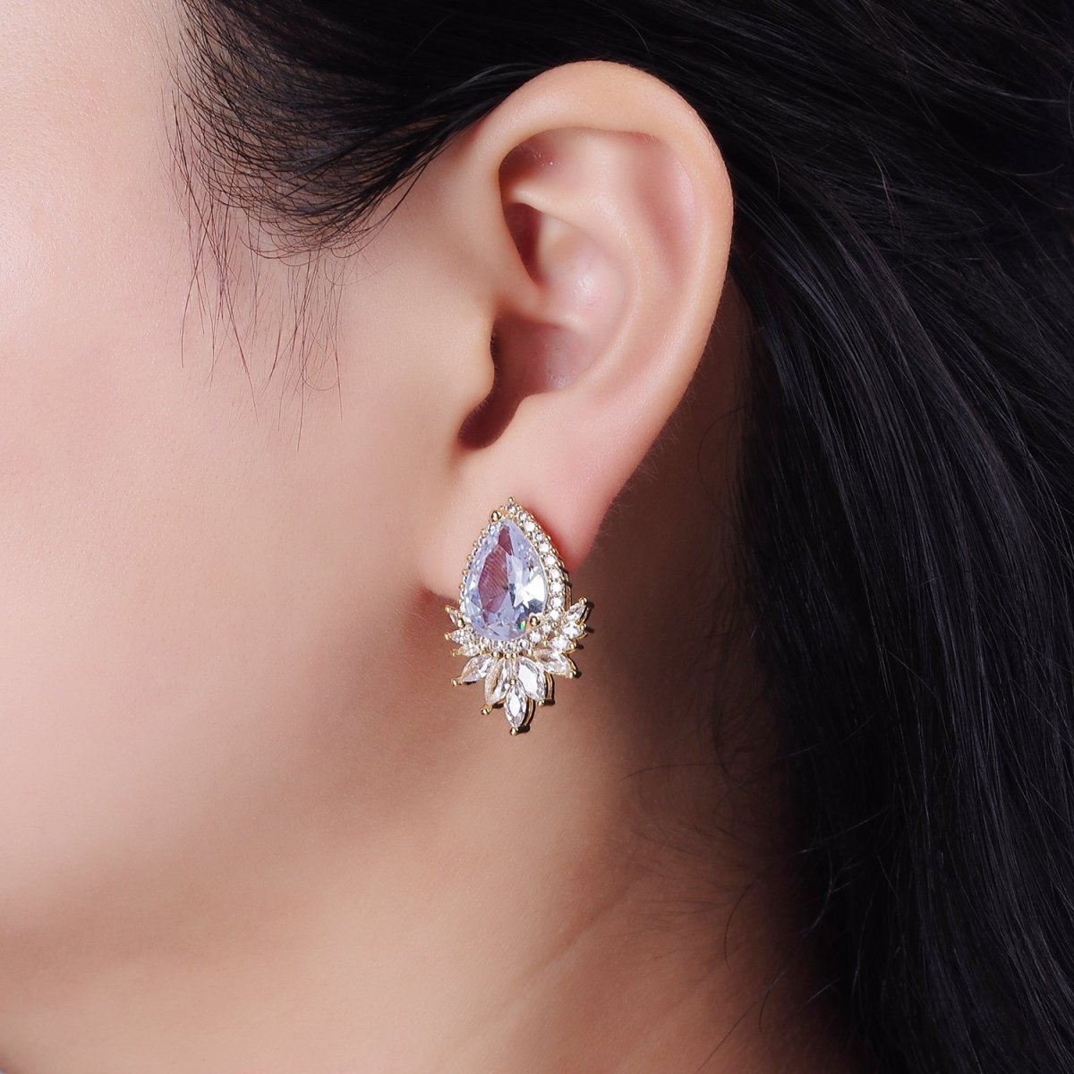 Clear, Black, Red, Green, Blue, Pink, Yellow, Baby Blue CZ Marquise Micro Paved Stud Earrings in Gold & Silver