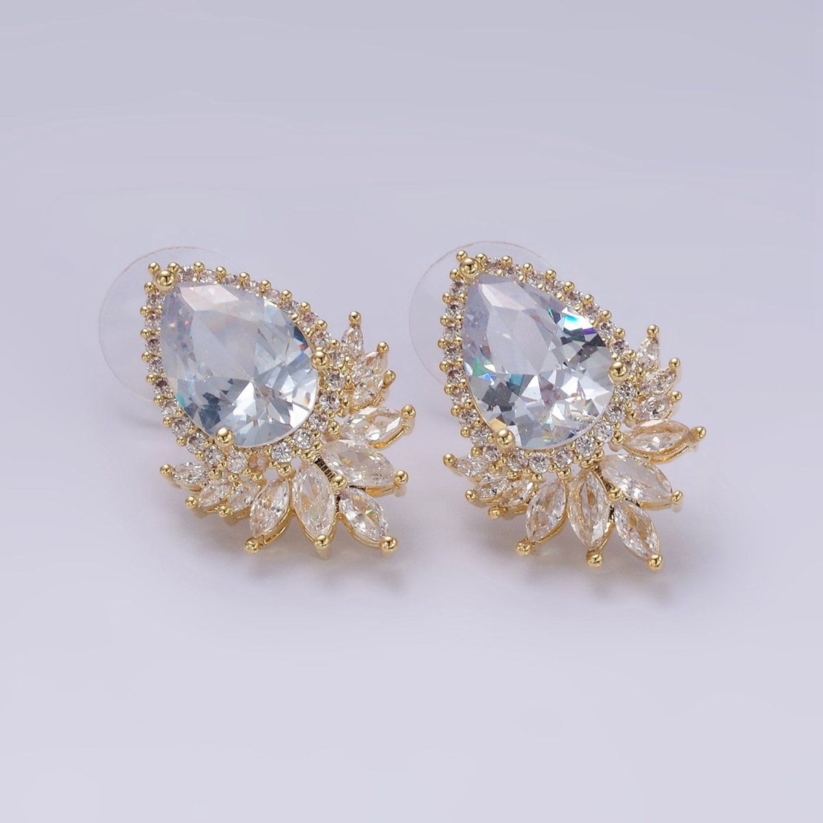 Clear, Black, Red, Green, Blue, Pink, Yellow, Baby Blue CZ Marquise Micro Paved Stud Earrings in Gold & Silver