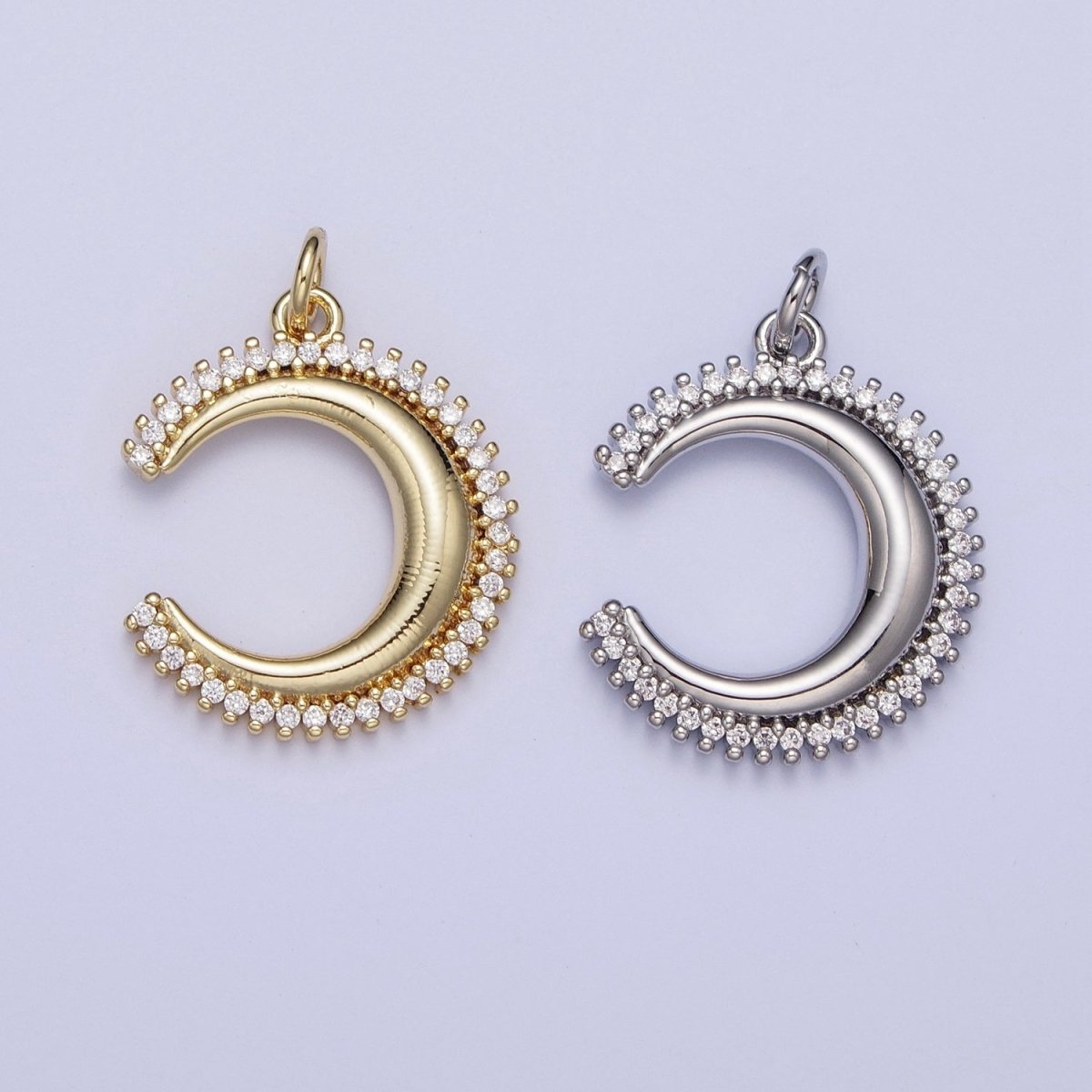 Clear Cubic Zirconia Lined Celestial Crescent Moon Gold/Silver Charm For DIY Jewelry Making AG-057 AG-058