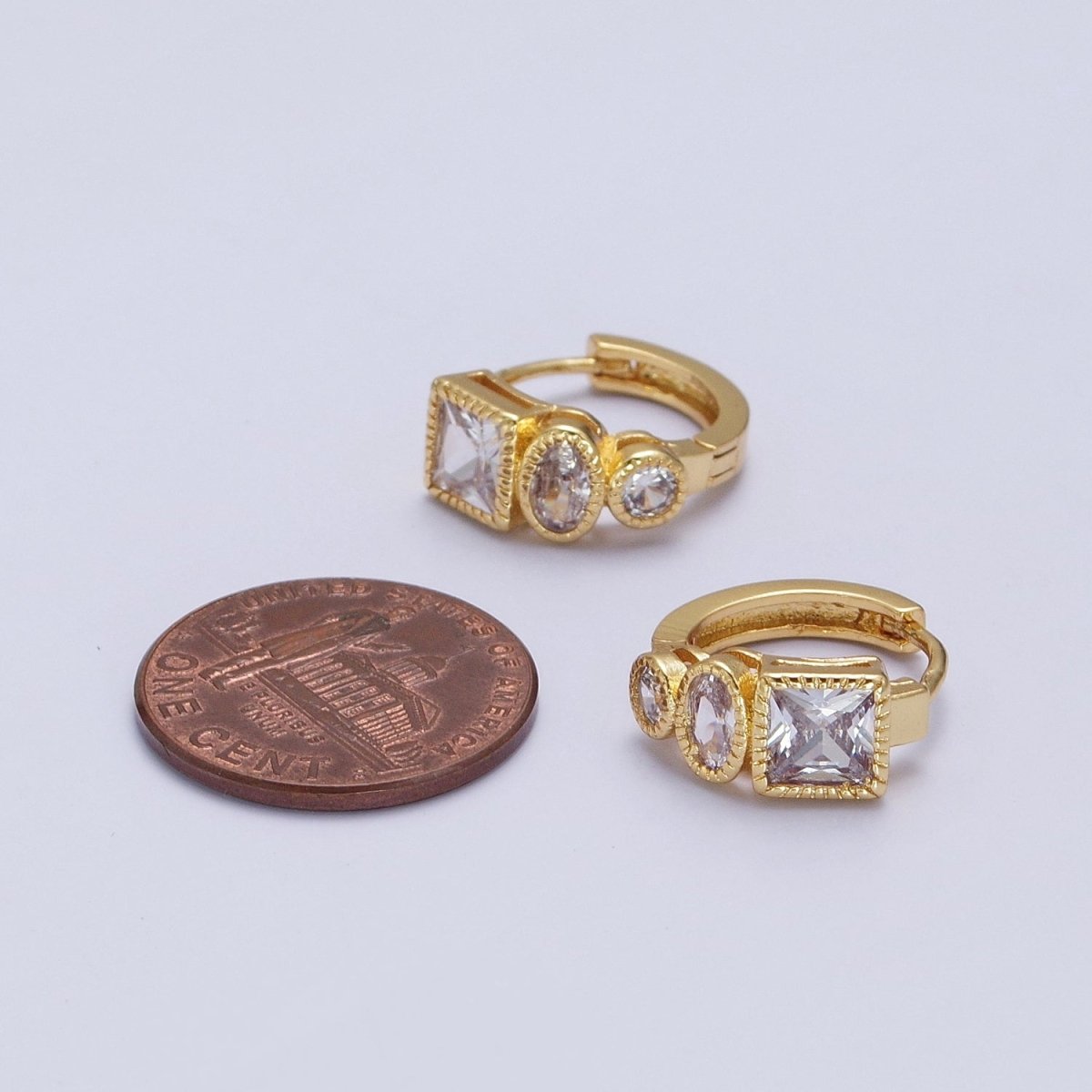 Clear Cubic Zirconia Triple Round Oval Square 14mmx15.8mm Huggie Hoop Earrings | X-854 - DLUXCA