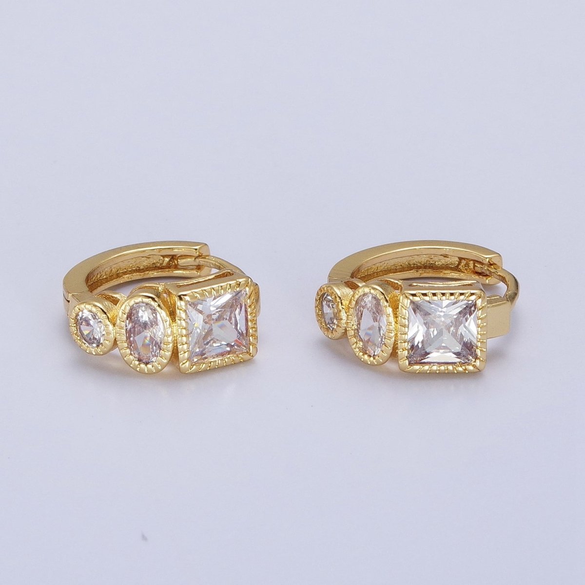 Clear Cubic Zirconia Triple Round Oval Square 14mmx15.8mm Huggie Hoop Earrings | X-854 - DLUXCA