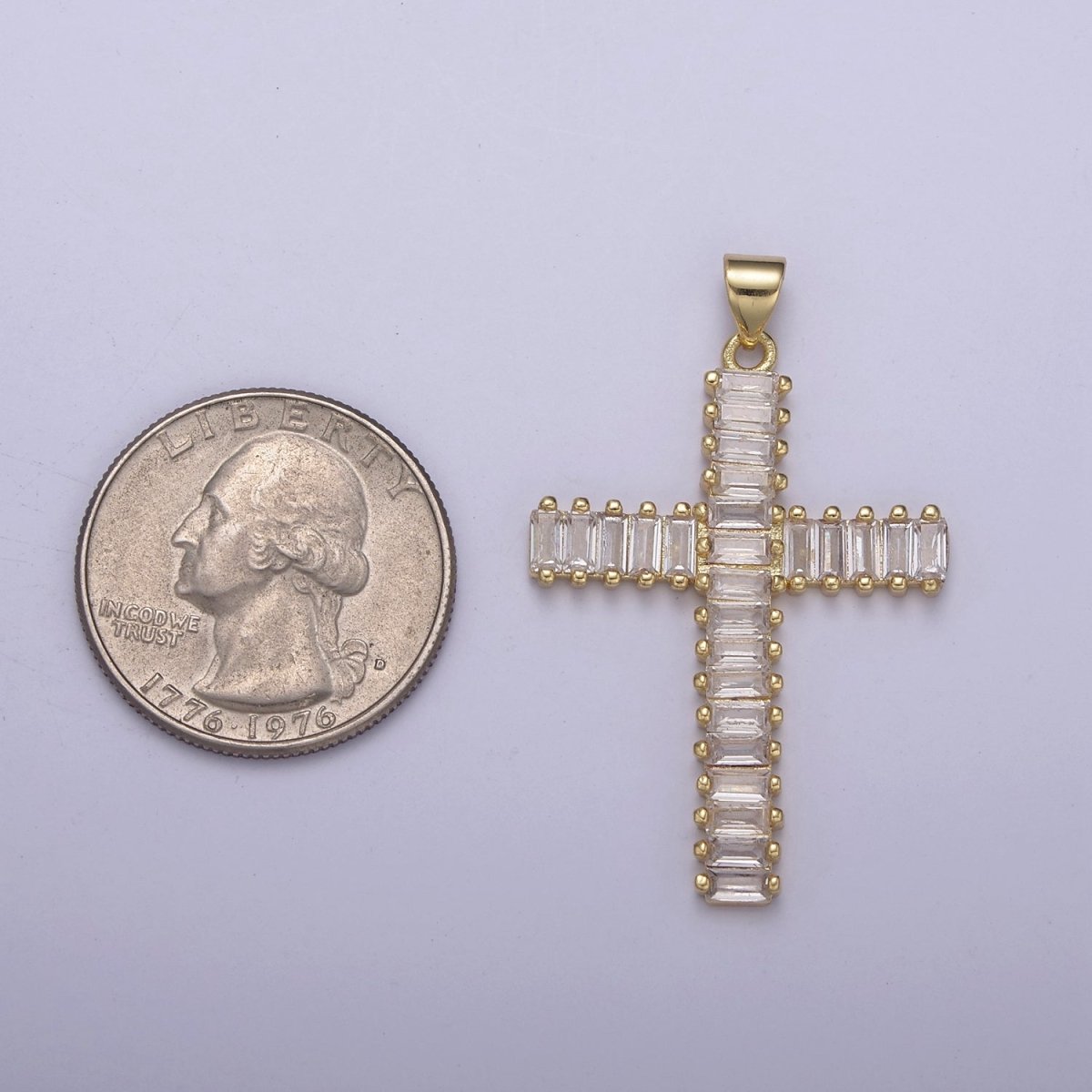 Clear Cz Baguette Cross pendant IN 24K Gold Filled N-539 - DLUXCA