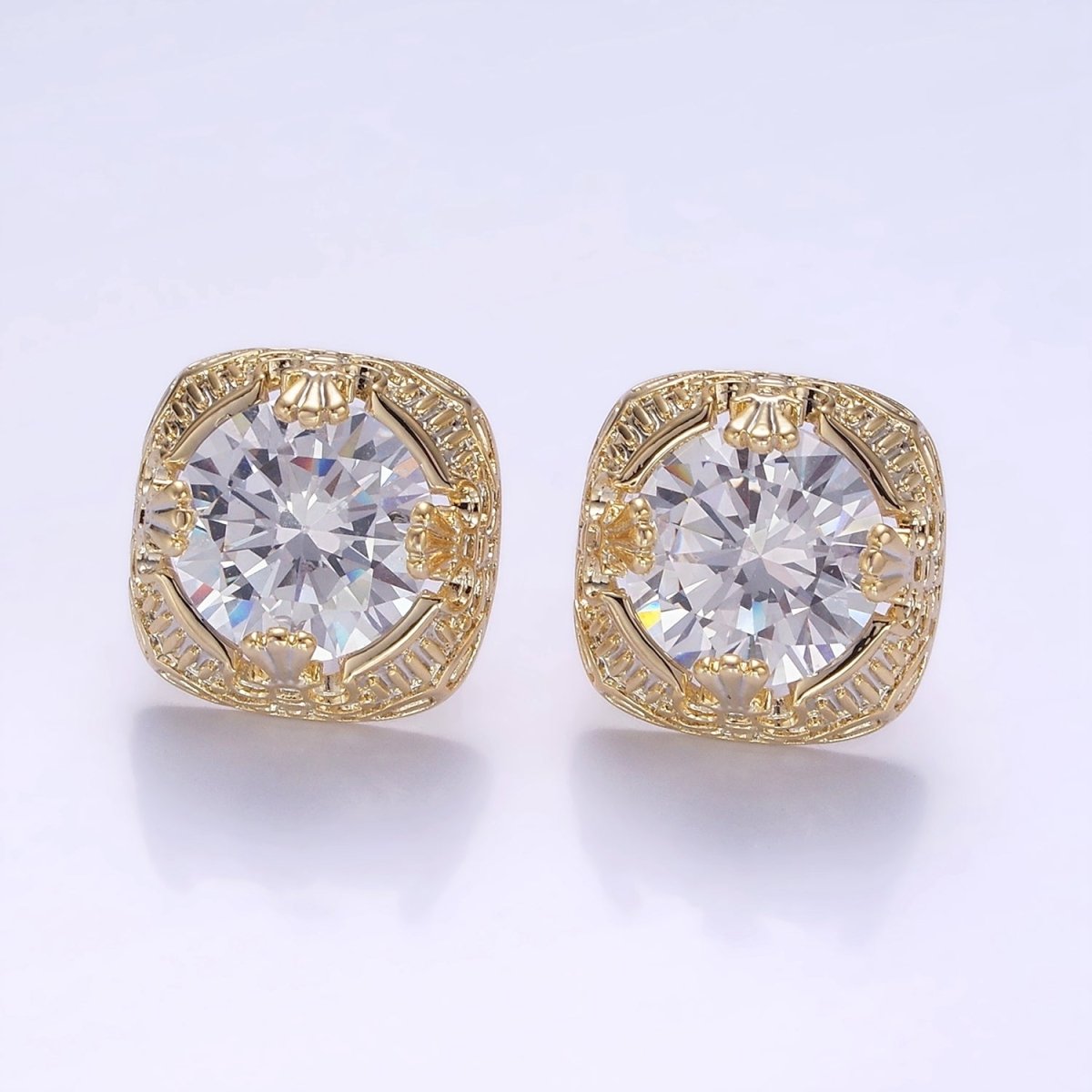 Clear CZ Bezel Rounded Square Stud Earrings in Gold & Silver | V528 V529